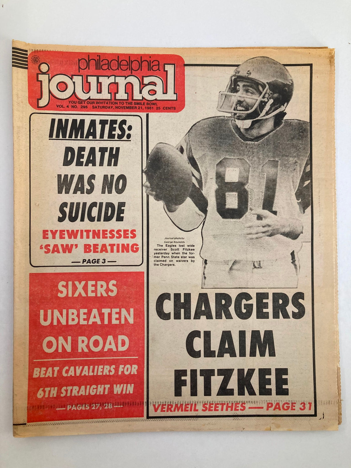 Philadelphia Journal Tabloid from November 21, 1981, featuring NFL Eagles player Scott Fitzkee on the front page. Highlights include the Chargers claiming Fitzkee and coverage of the Sixers unbeaten road streak.