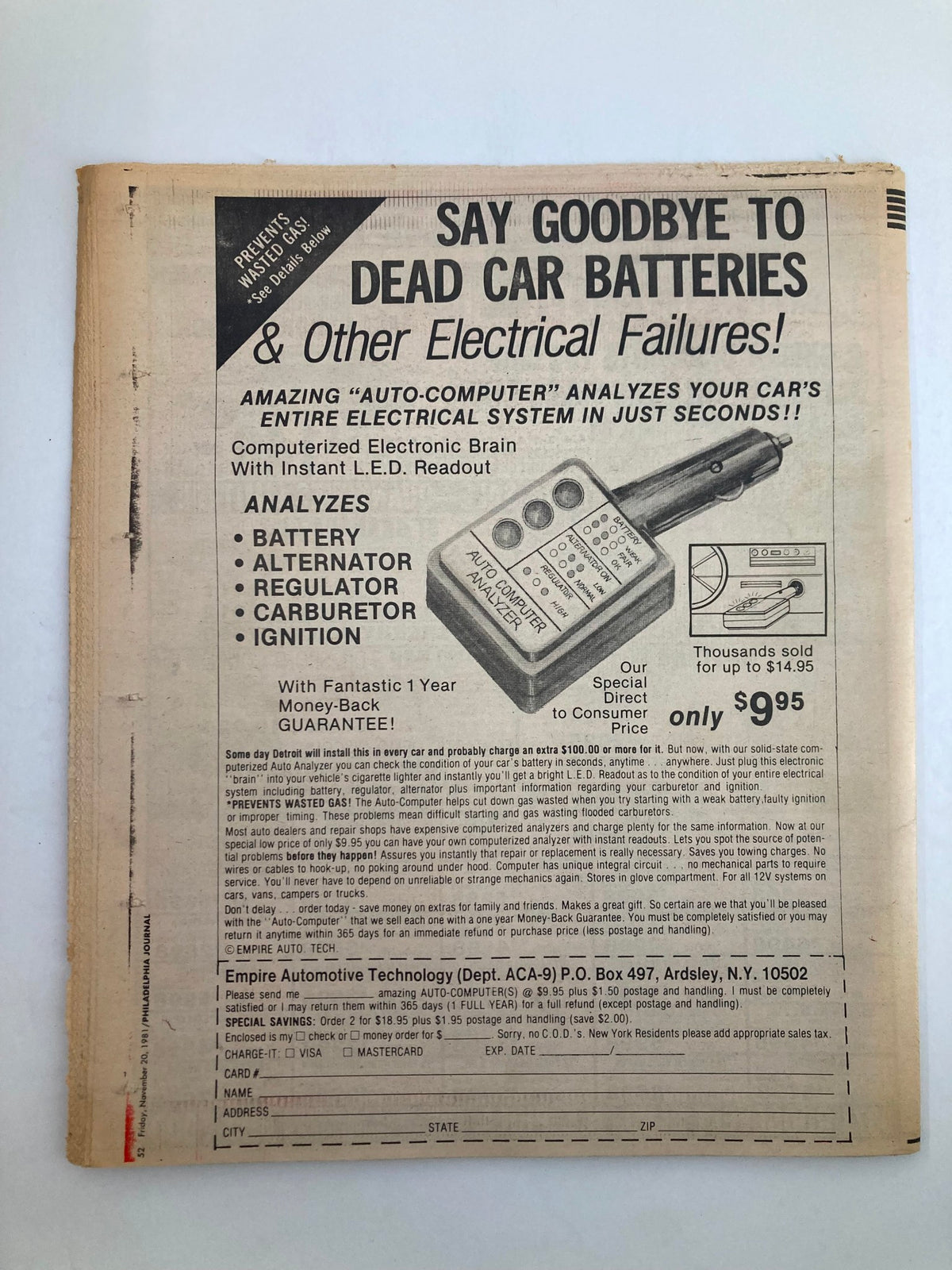 Back cover of Philadelphia Journal Tabloid November 20 1981 Vol 4 #294 with an advertisement for a car battery analyzer, emphasizing its capacity to diagnose car electrical failures instantly.