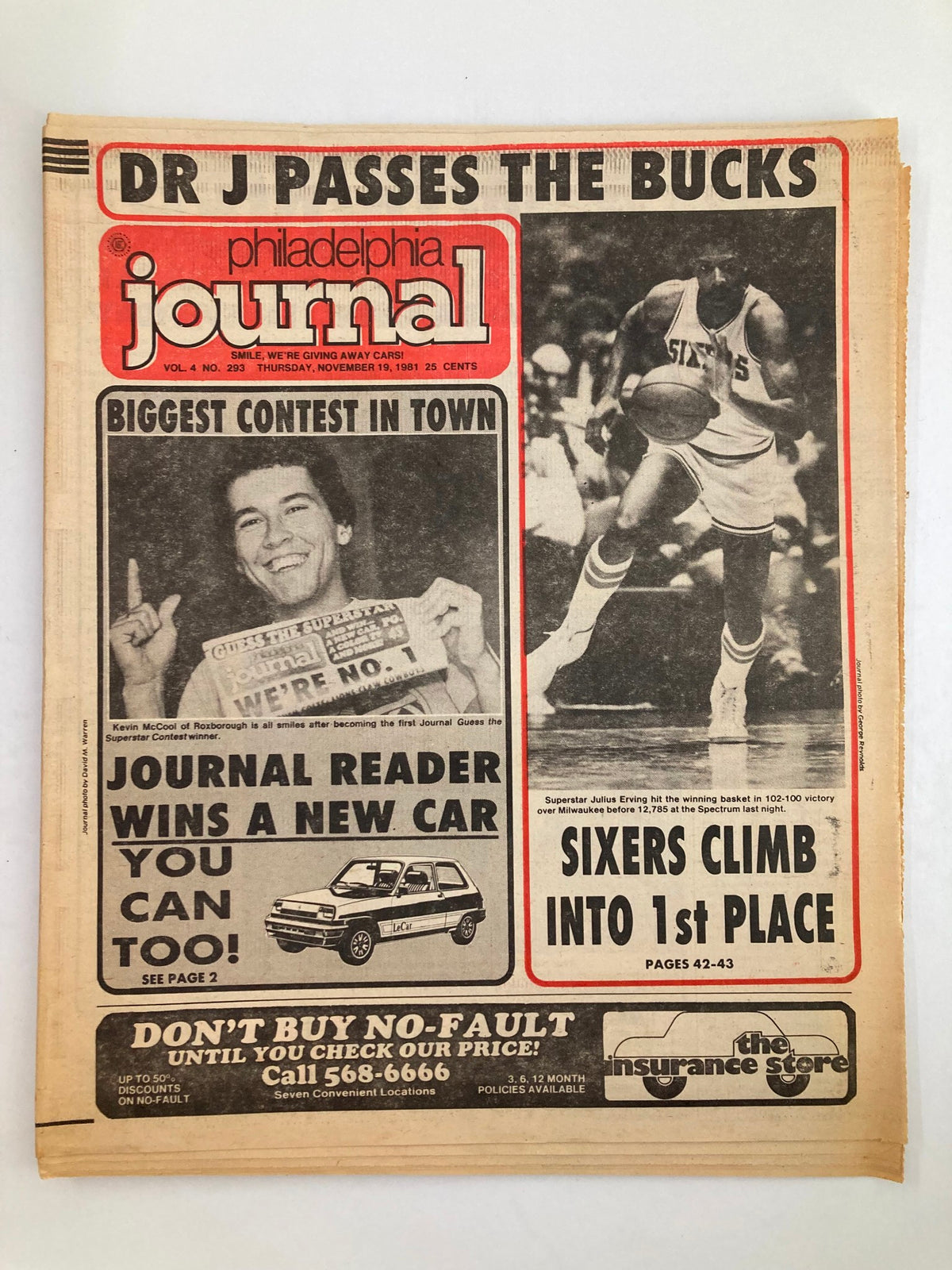 Philadelphia Journal Tabloid for November 19, 1981 featuring NBA Sixers' Julius Erving and a contest advertisement.