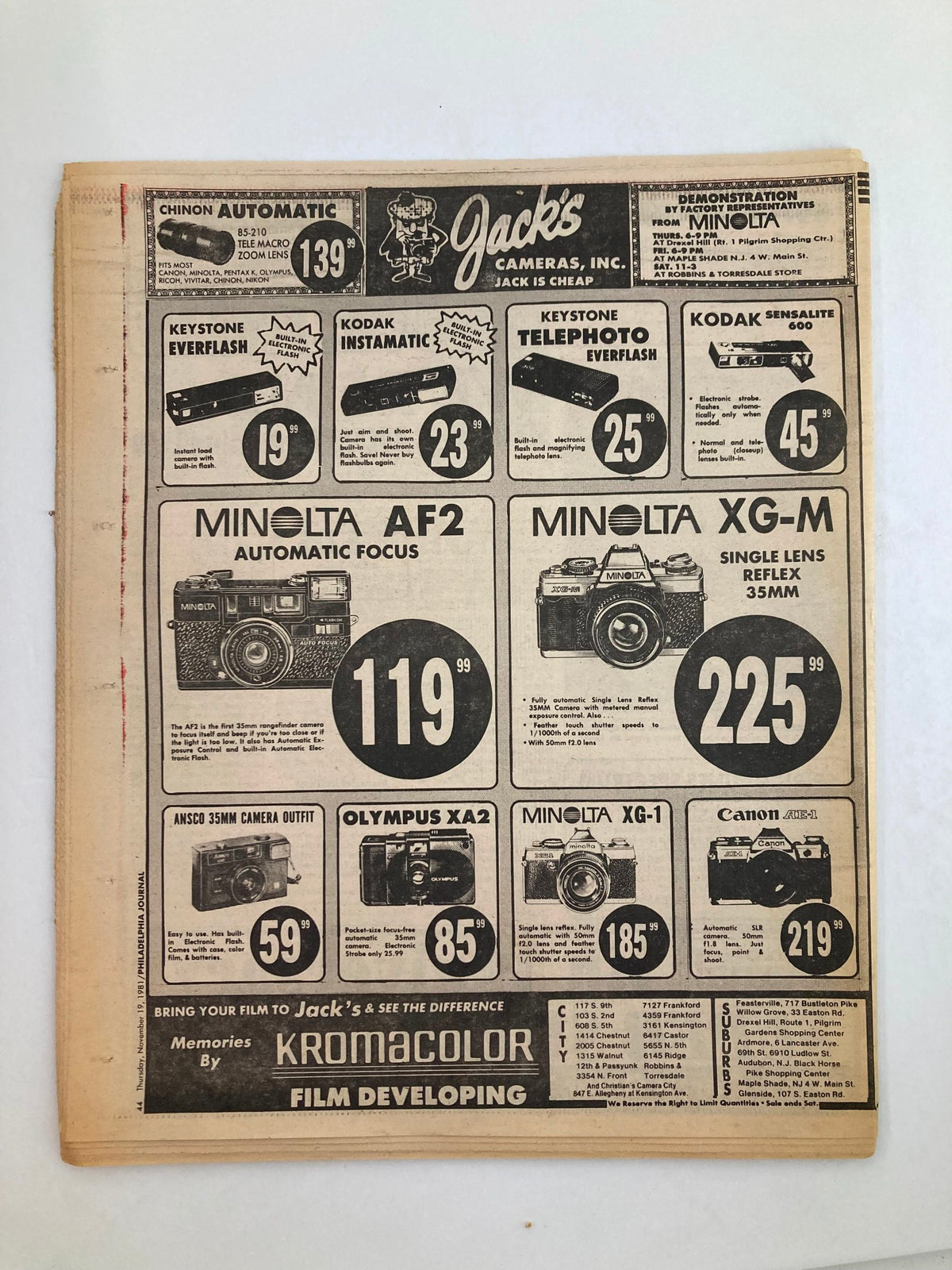 Jack's Cameras advertisement page from the Philadelphia Journal Tabloid, showcasing camera deals and photography equipment prices for November 19, 1981.