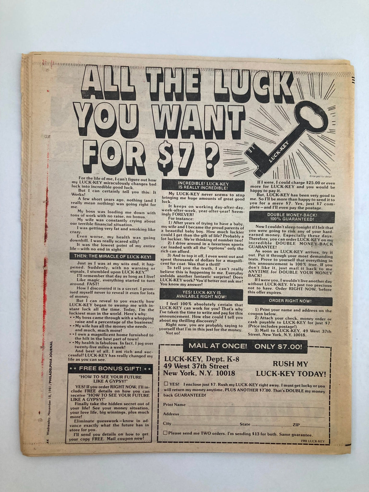 Philadelphia Journal Tabloid from November 18, 1981 featuring an advertisement for 'All the Luck You Want for $7?', showcasing a key motif. This collectible newspaper includes a focus on MLB Phillies MVP Mike Schmidt.