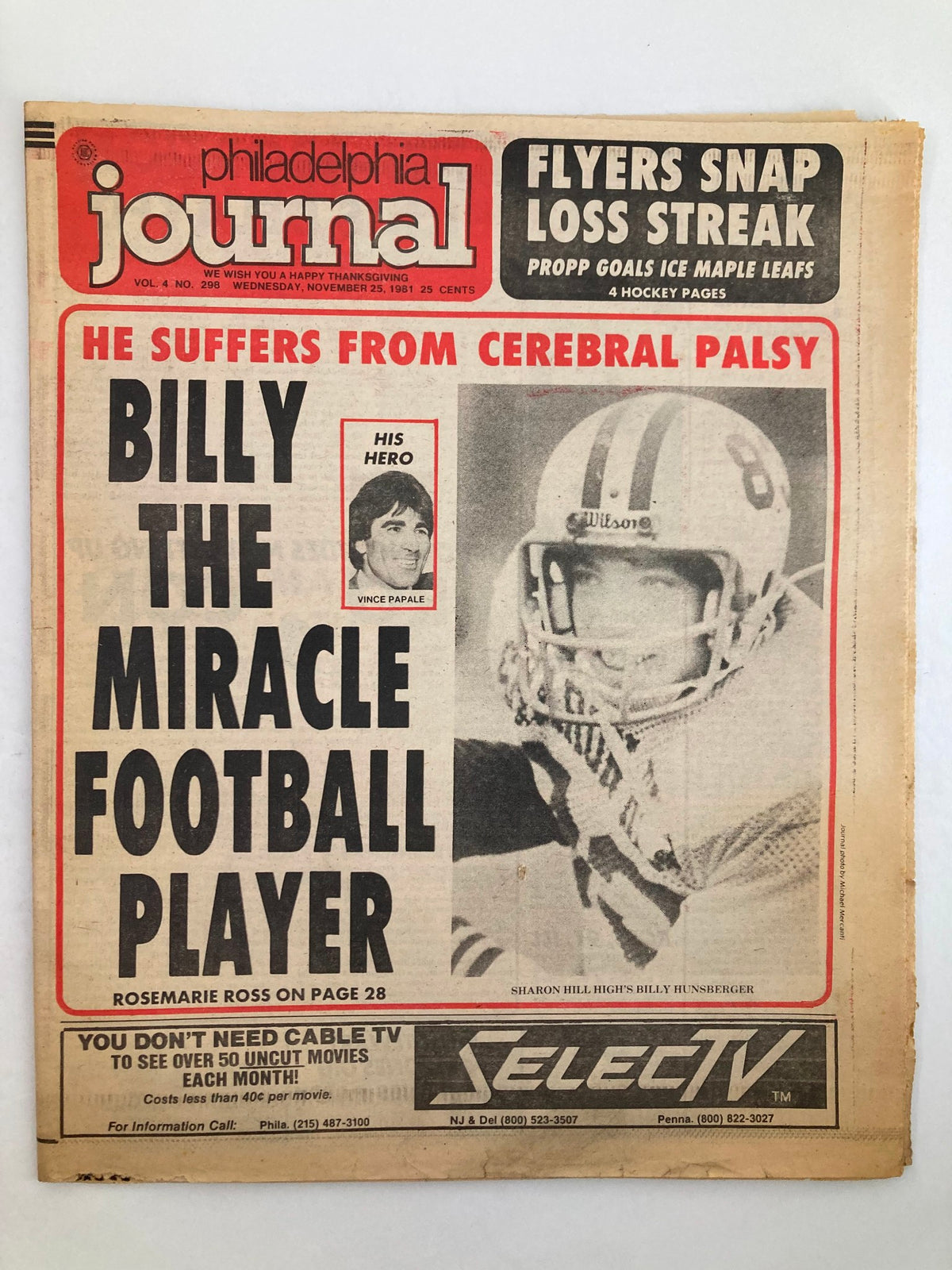 Philadelphia Journal tabloid from November 25, 1981, featuring Vince Papale, highlighting his story and challenges, including cerebral palsy mention, with a striking cover.