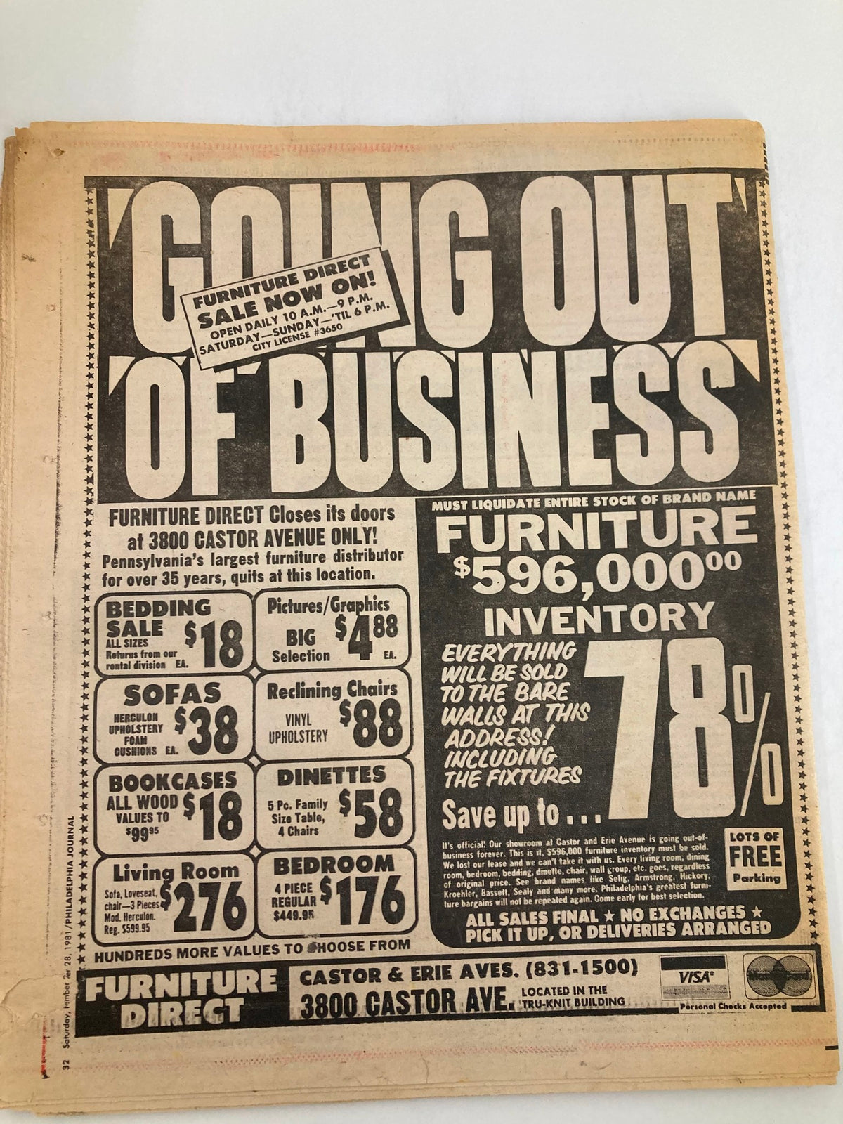 Advertisement from the Philadelphia Journal Tabloid going out of business, promoting furniture clearance with significant discounts, featuring the closing of the Furniture Direct store on 3800 Castor Ave.
