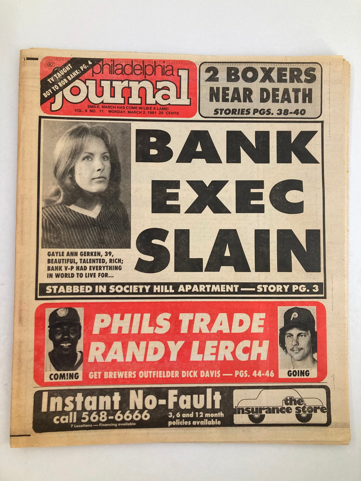 Philadelphia Journal Tabloid March 2, 1981, Volume 4, Issue 71, featuring headlines about a bank executive's murder and the Philadelphia Phillies trade involving Randy Lerch. This vintage publication showcases significant sports history.