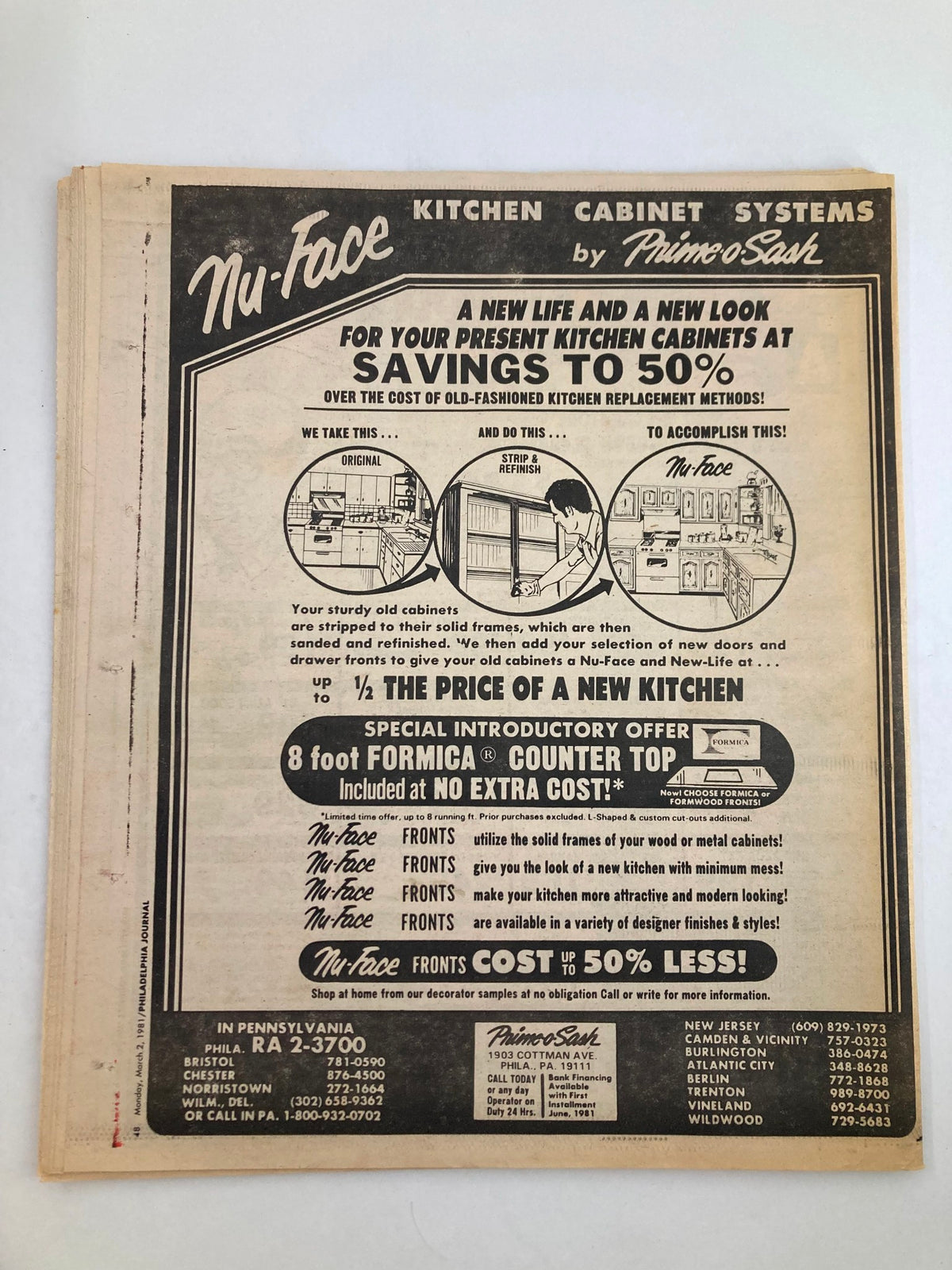 Back cover of the Philadelphia Journal Tabloid March 2, 1981, featuring a Nu-Face kitchen cabinet advertisement. Highlights the service's savings and renovation process, promoting home improvement.