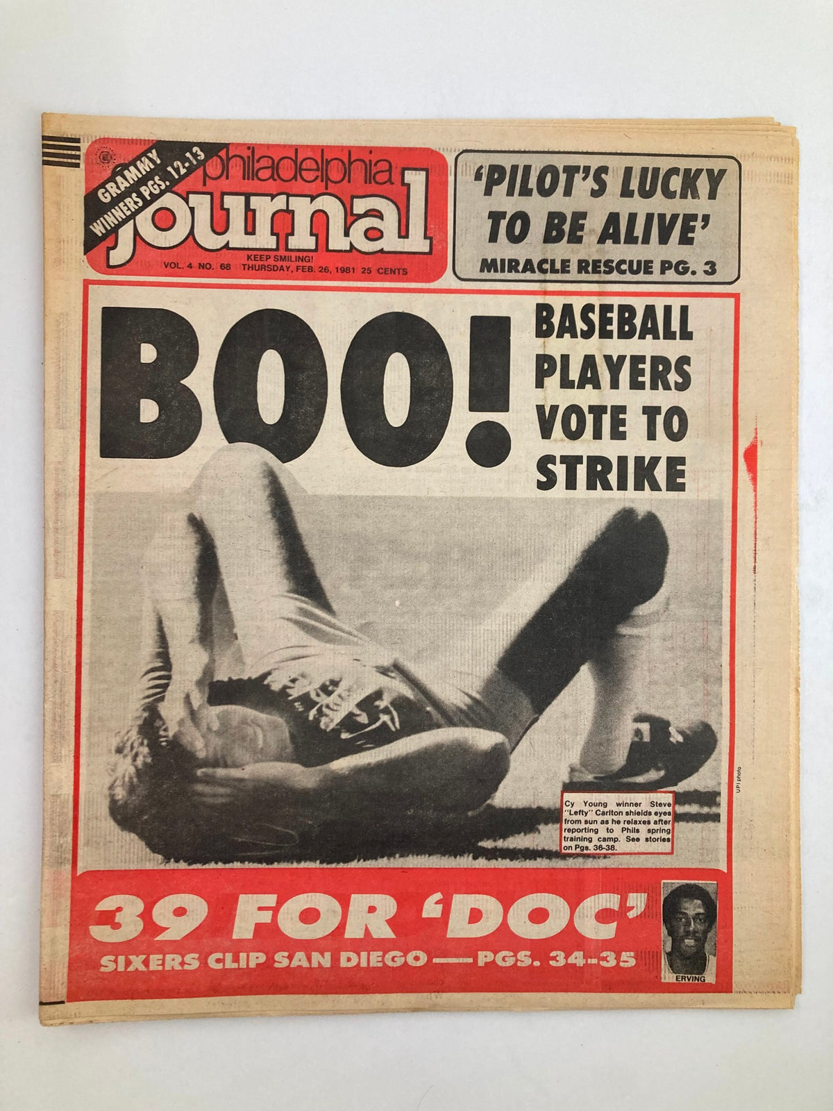 Philadelphia Journal Tabloid February 26 1981 featuring a headline about the baseball players strike with a large image of players lounging; the tabloid showcases the dynamic sports news of the time.