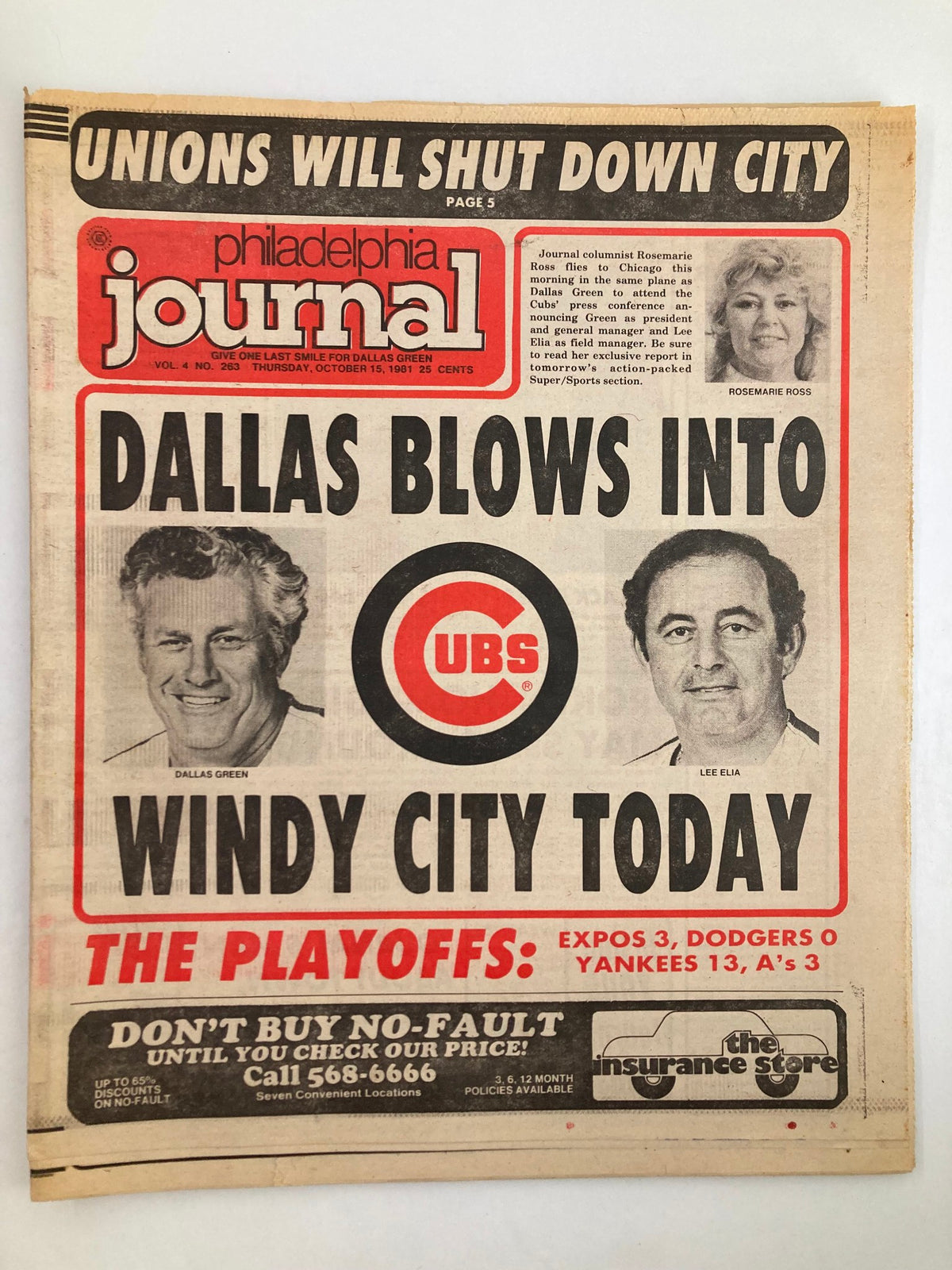 Philadelphia Journal Tabloid from October 15, 1981, Vol 4 #263, featuring prominent figures Dallas Green and Lee Elia on the cover, highlighting the events of the baseball playoffs.