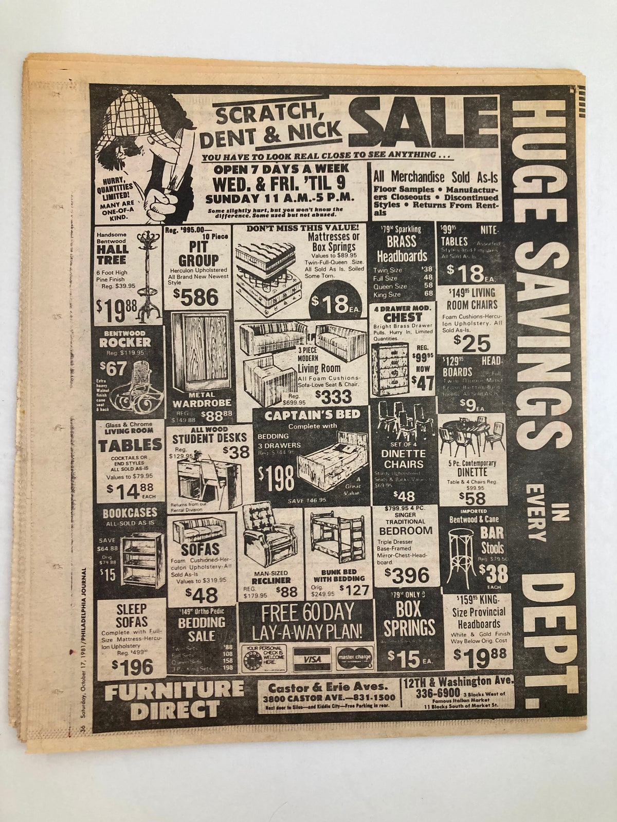 Philadelphia Journal Tabloid October 17 1981 Vol 4 #265 showcasing an advertisement for a furniture sale featuring prices and items available, emphasizing 'Huge Savings in Every Dept'.
