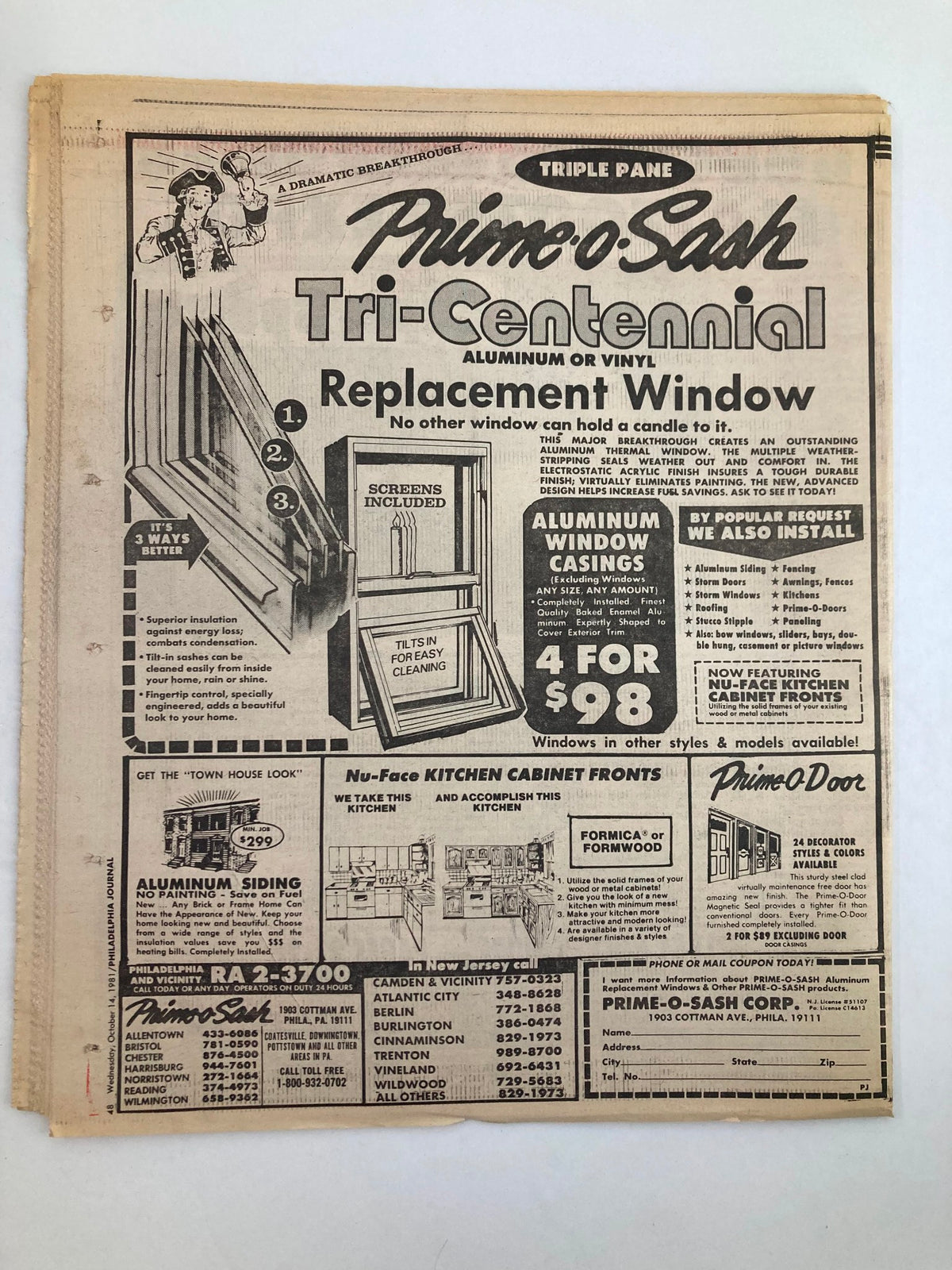 Vintage advertisement from the Philadelphia Journal Tabloid October 14, 1981 Vol 4 #262 featuring Prime-O-Sash Tri-Centennial Replacement Windows and Nu-Face Kitchen Cabinet Fronts, showcasing offers and information relevant to home renovation.