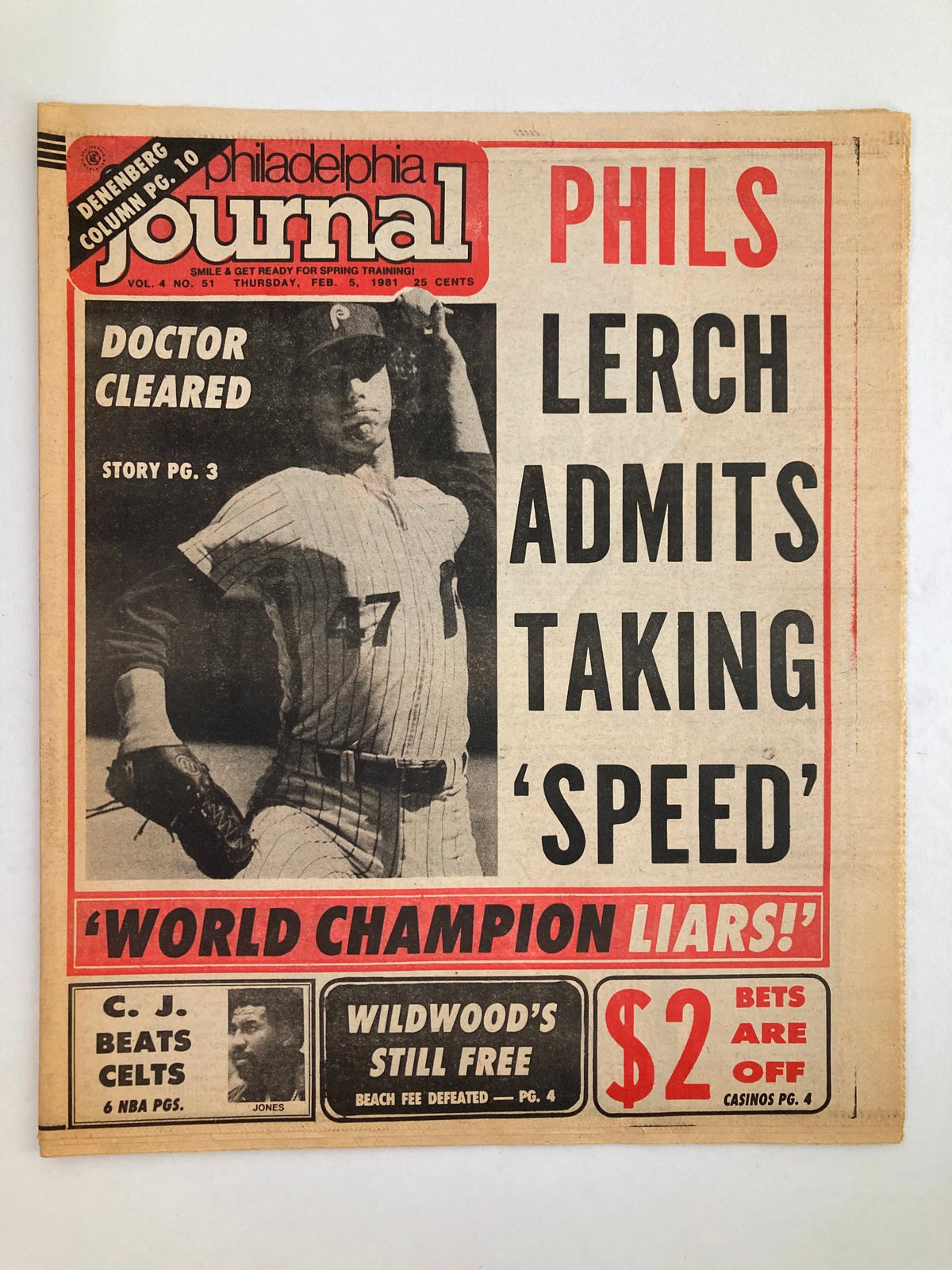 Philadelphia Journal Tabloid from February 5, 1981, featuring MLB Phillies pitcher Randy Lerch. The headline discusses Lerch admitting to taking 'speed,' with a prominent layout showcasing the tabloid's vintage style.