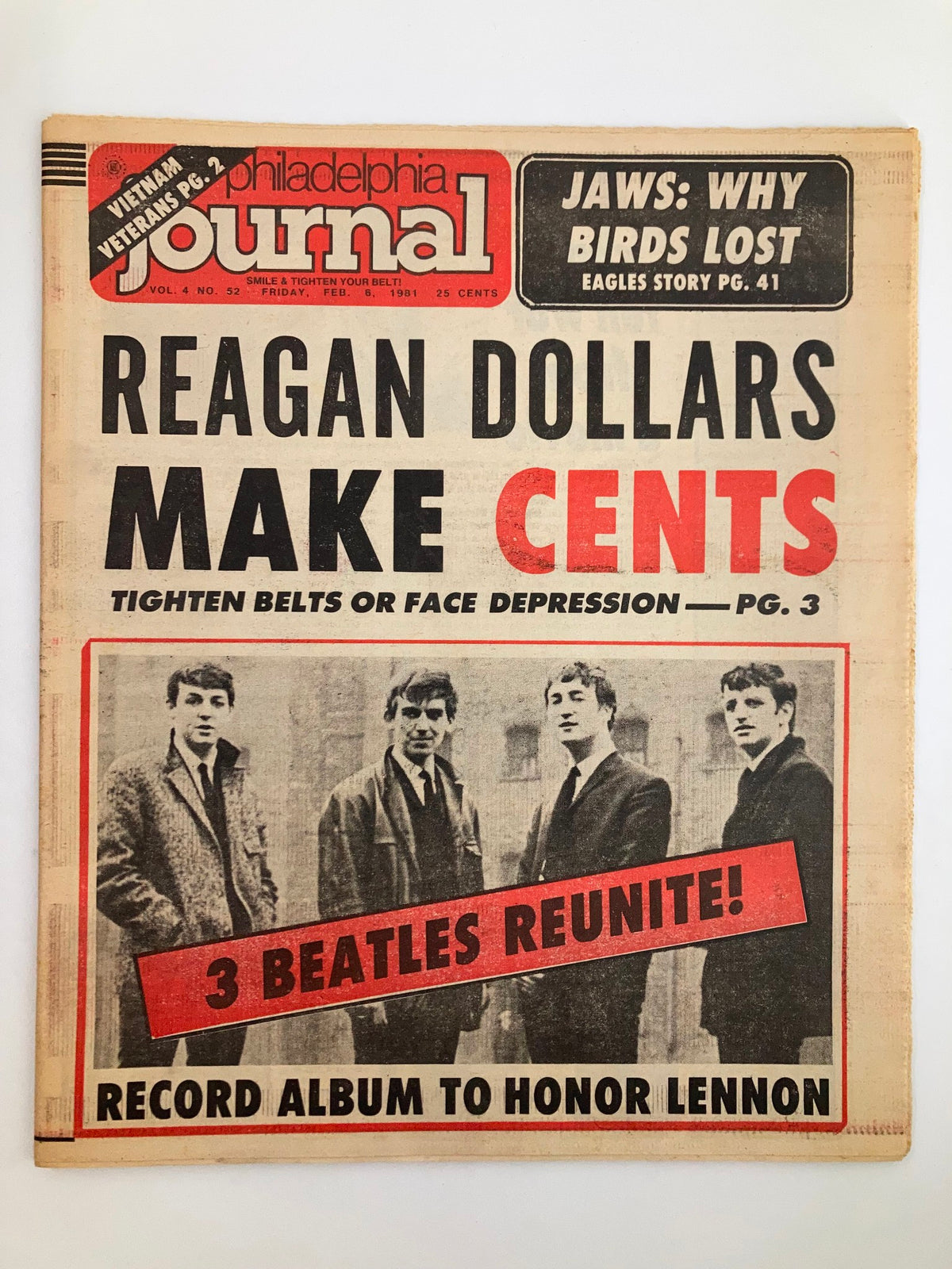 Cover of Philadelphia Journal Tabloid February 6, 1981, Vol 4 #52 featuring a headline about The Beatles reuniting and Reagan dollars, highlighting significant news from that era.