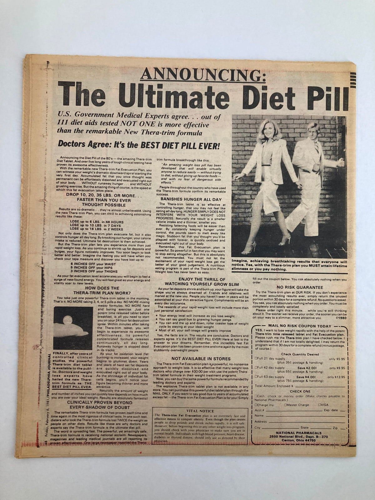 Interior page of a vintage newspaper announcing 'The Ultimate Diet Pill,' showcasing health-related advertisements alongside various articles, consistent with the Philadelphia Journal Tabloid's February 6, 1981 edition.