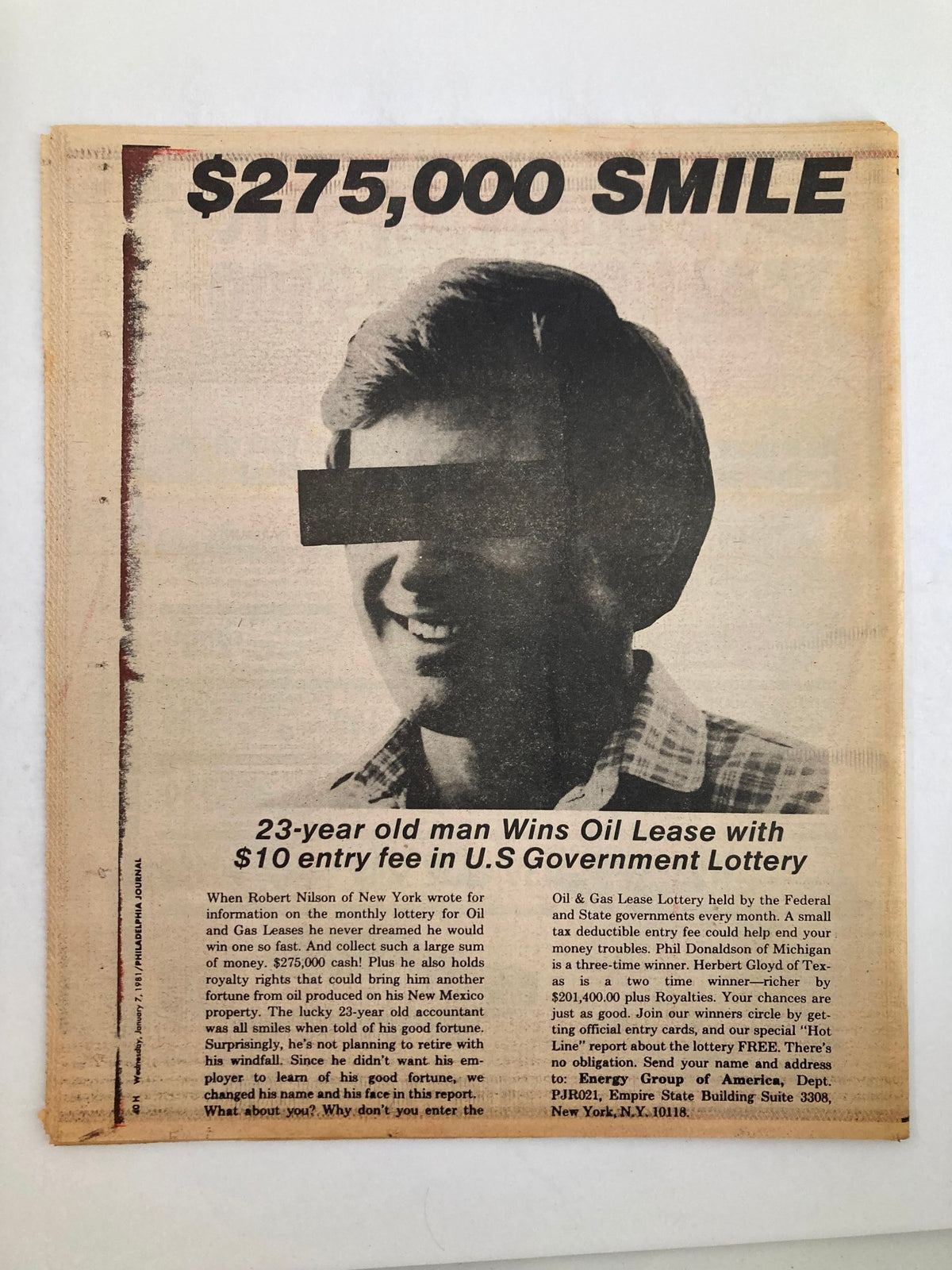 Philadelphia Journal Tabloid January 7 1981 Vol 4 #26 highlighting a story on a young man's lottery win, with an emphasis on the headline mentioning a '$275,000 Smile', representing a slice of 1980s media.