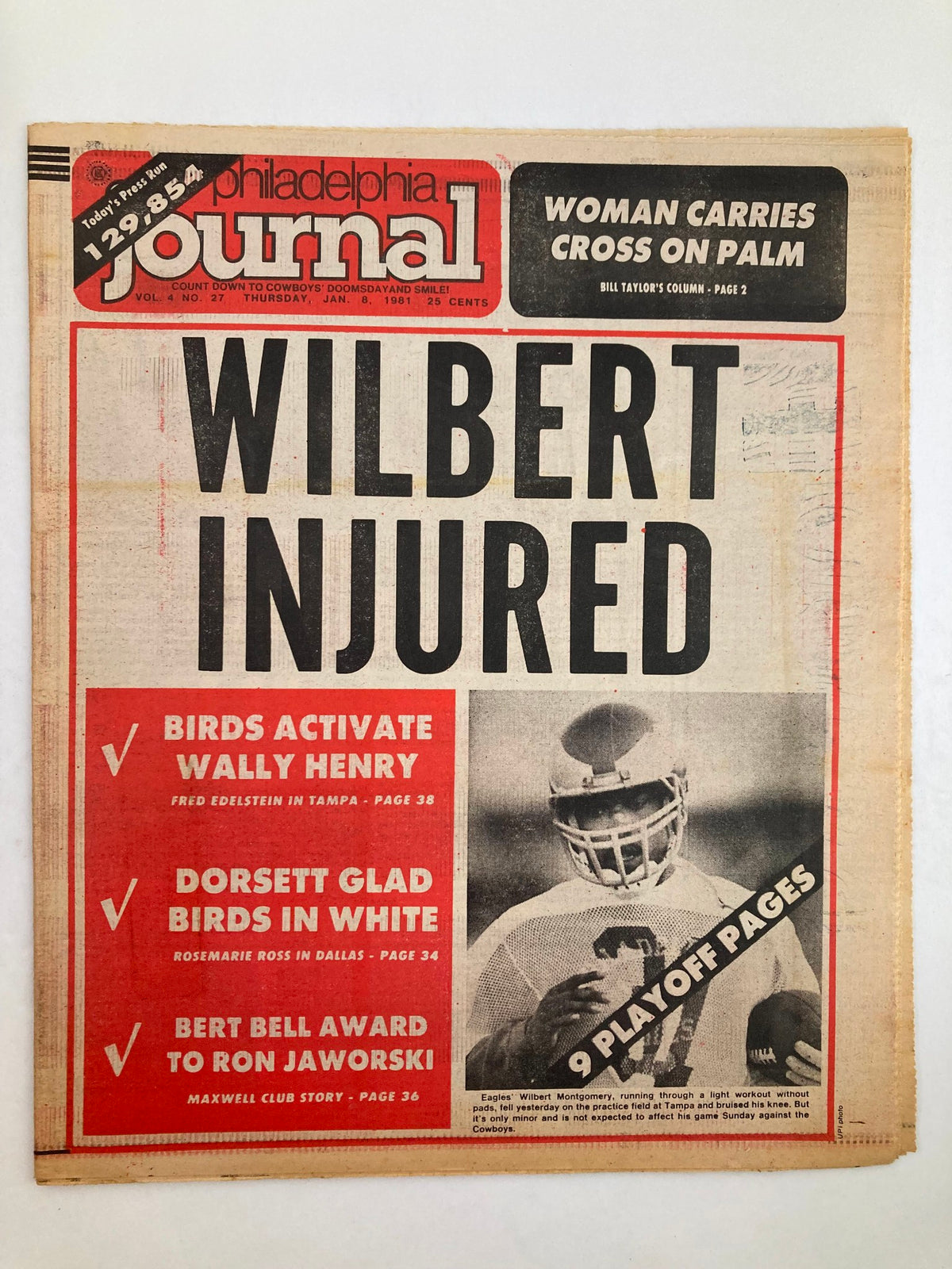 Philadelphia Journal Tabloid January 8 1981 featuring NFL Eagles Wilbert Montgomery Injured headline, with images and articles on football news and updates.