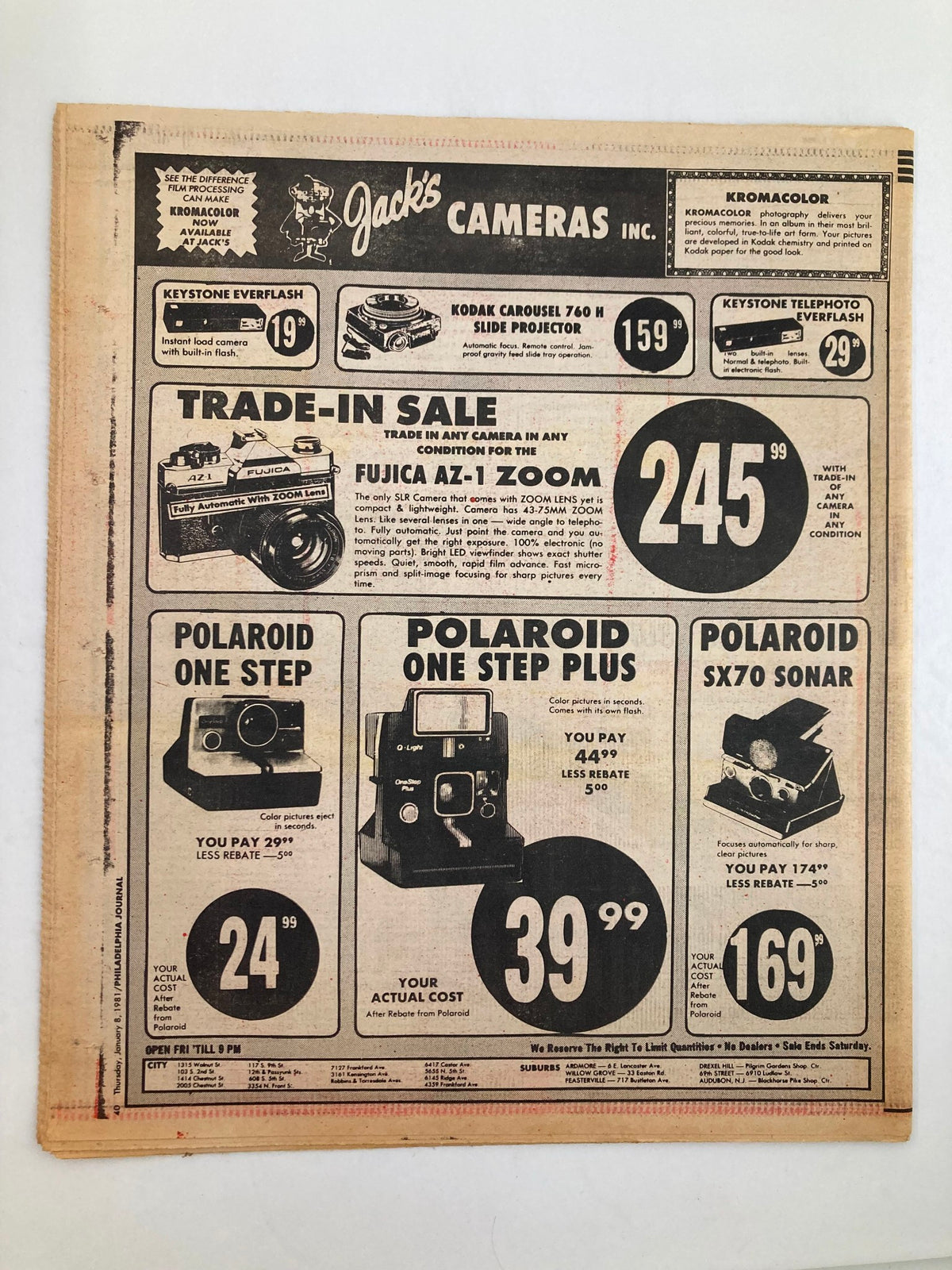Back cover of Philadelphia Journal Tabloid January 8 1981 displaying Jack's Cameras advertisement for camera trade-ins and Polaroid products.