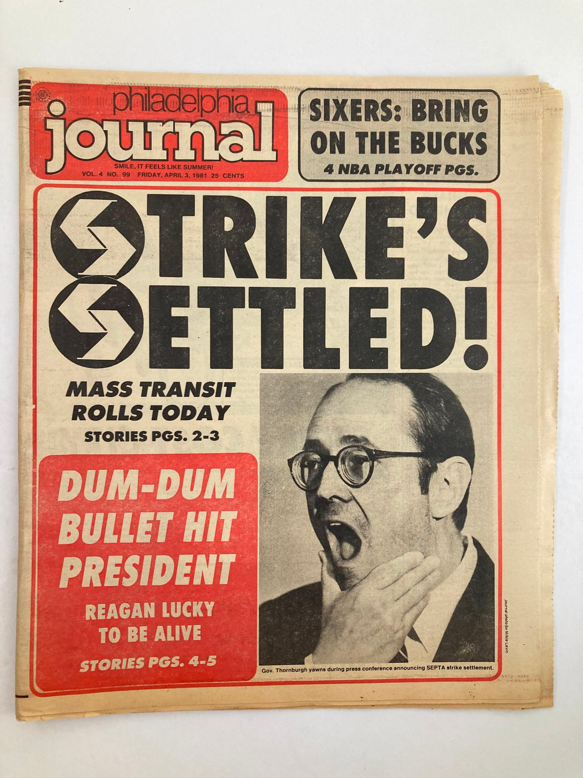 Philadelphia Journal Tabloid, April 3, 1981, Vol 4 #99, featuring the headline 'STRIKE'S SETTLED!' with an image of Governor Dick Thornburgh. Good condition with minor wear.