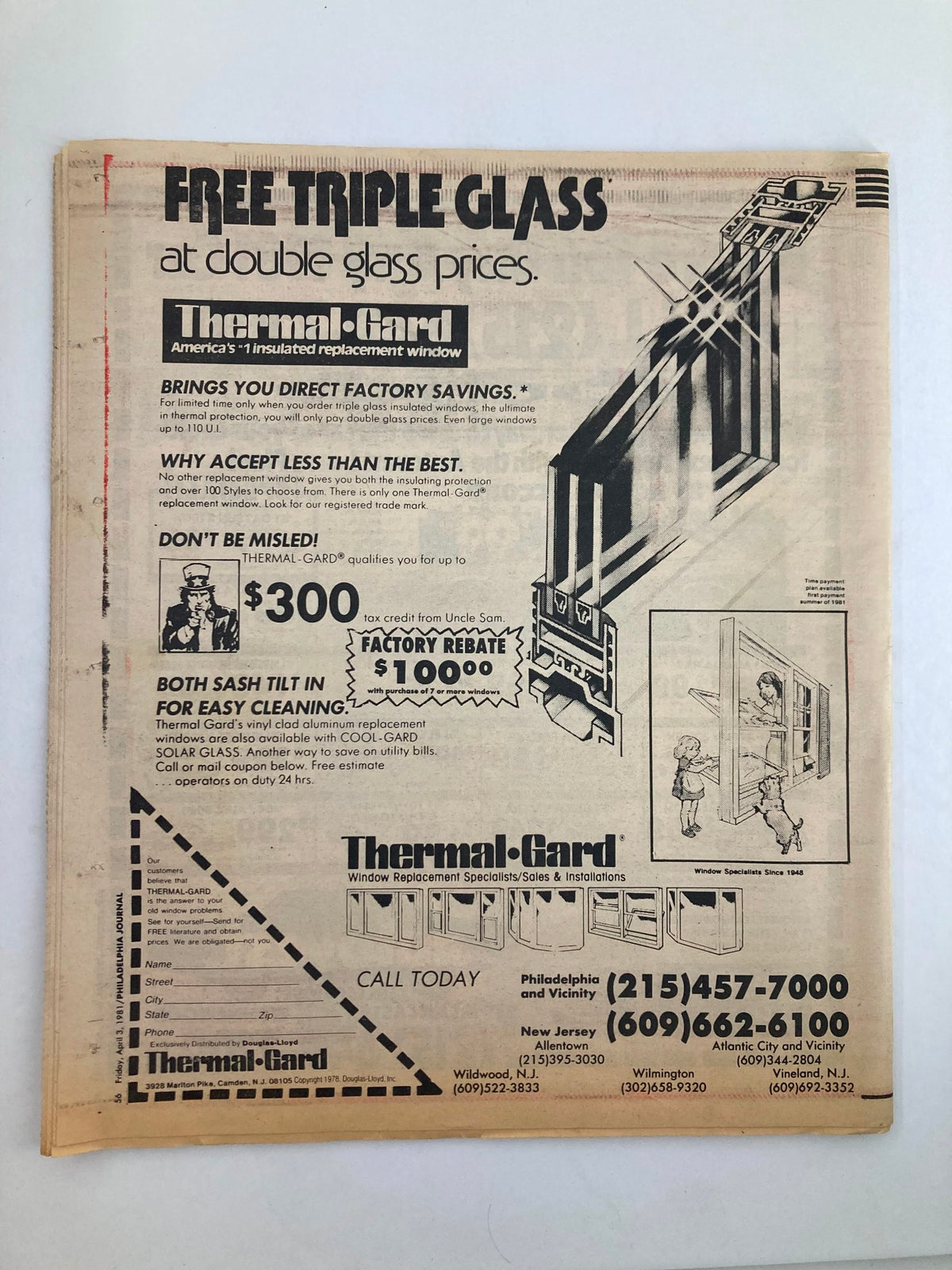 Back cover of Philadelphia Journal Tabloid, April 3, 1981, featuring an advertisement for Thermal-Gard windows, highlighting a rebate offer. Good condition with minor wear.