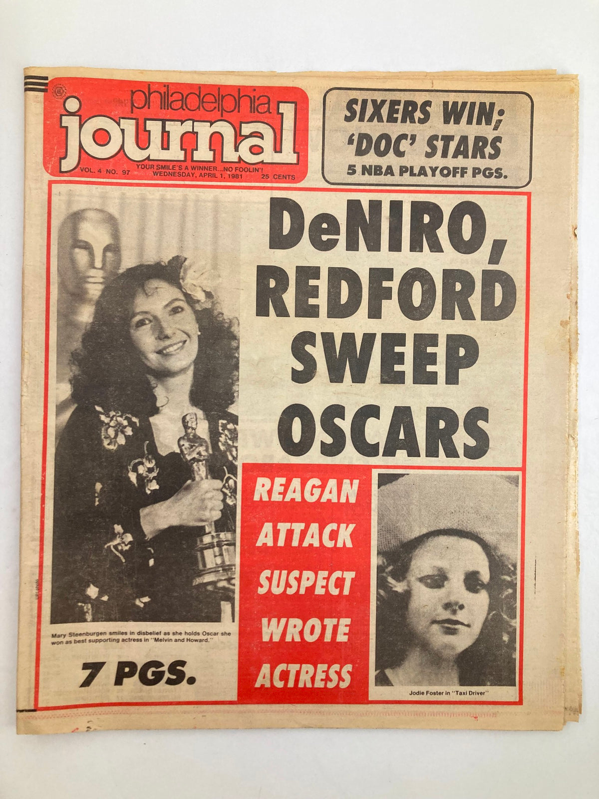 Philadelphia Journal tabloid from April 1, 1981, featuring Mary Steenburgen winning an Oscar, with a large image of Steenburgen holding the award alongside headlines about DeNiro and Redford sweeping the Oscars.