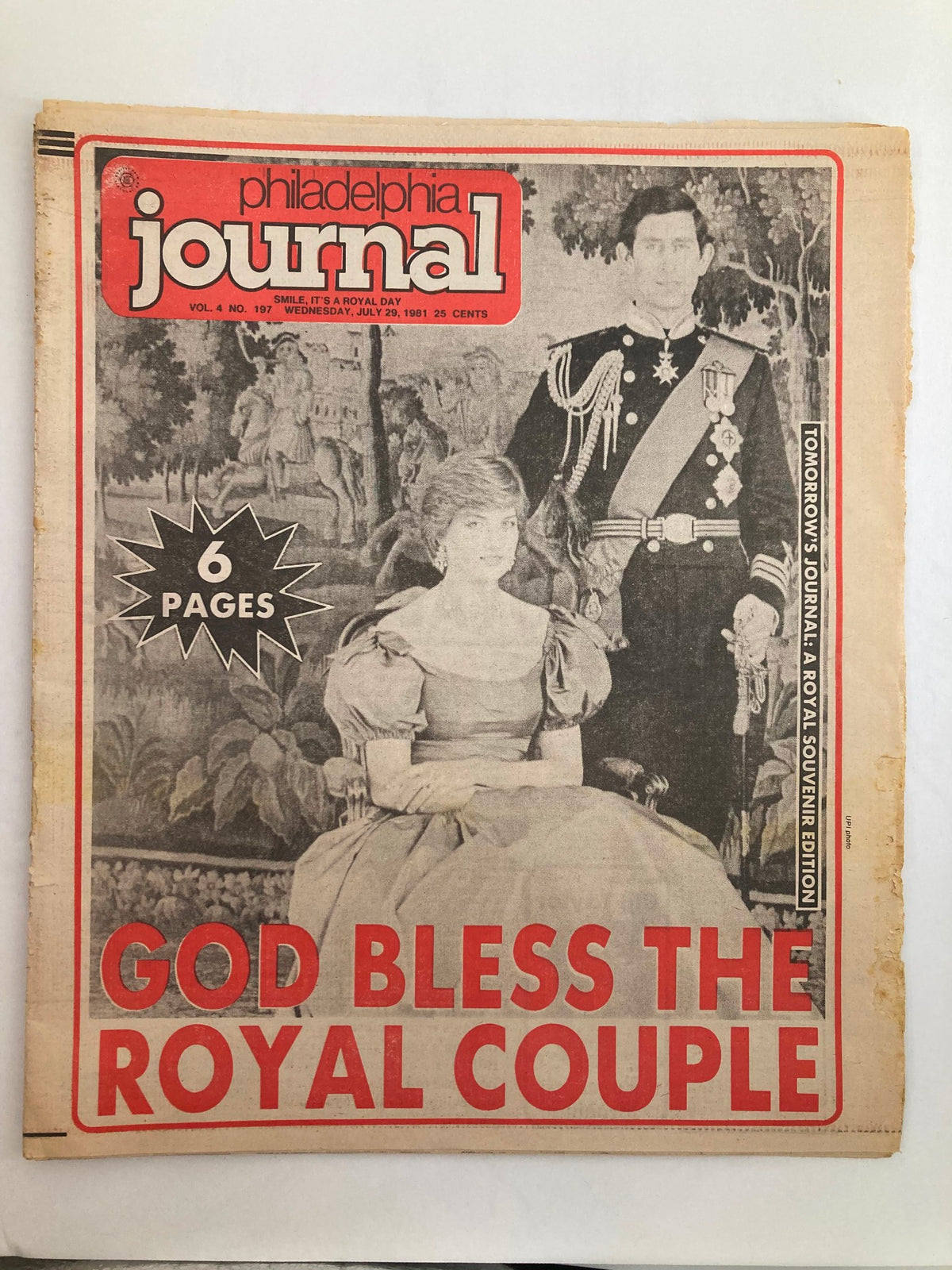 Philadelphia Journal Tabloid from July 29, 1981, featuring the cover headline 'God Bless the Royal Couple' alongside an image of Princess Diana and Prince Charles.