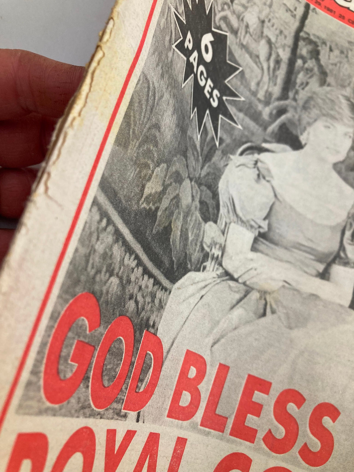 Detail of the Philadelphia Journal Tabloid from July 29, 1981, highlighting the cover's text 'God Bless the Royal Couple' and the magazine's page indicator.
