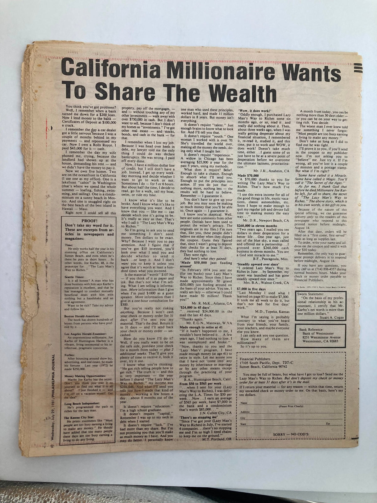 Back page of the Philadelphia Journal Tabloid from July 29, 1981, showing an article titled 'California Millionaire Wants To Share The Wealth'.