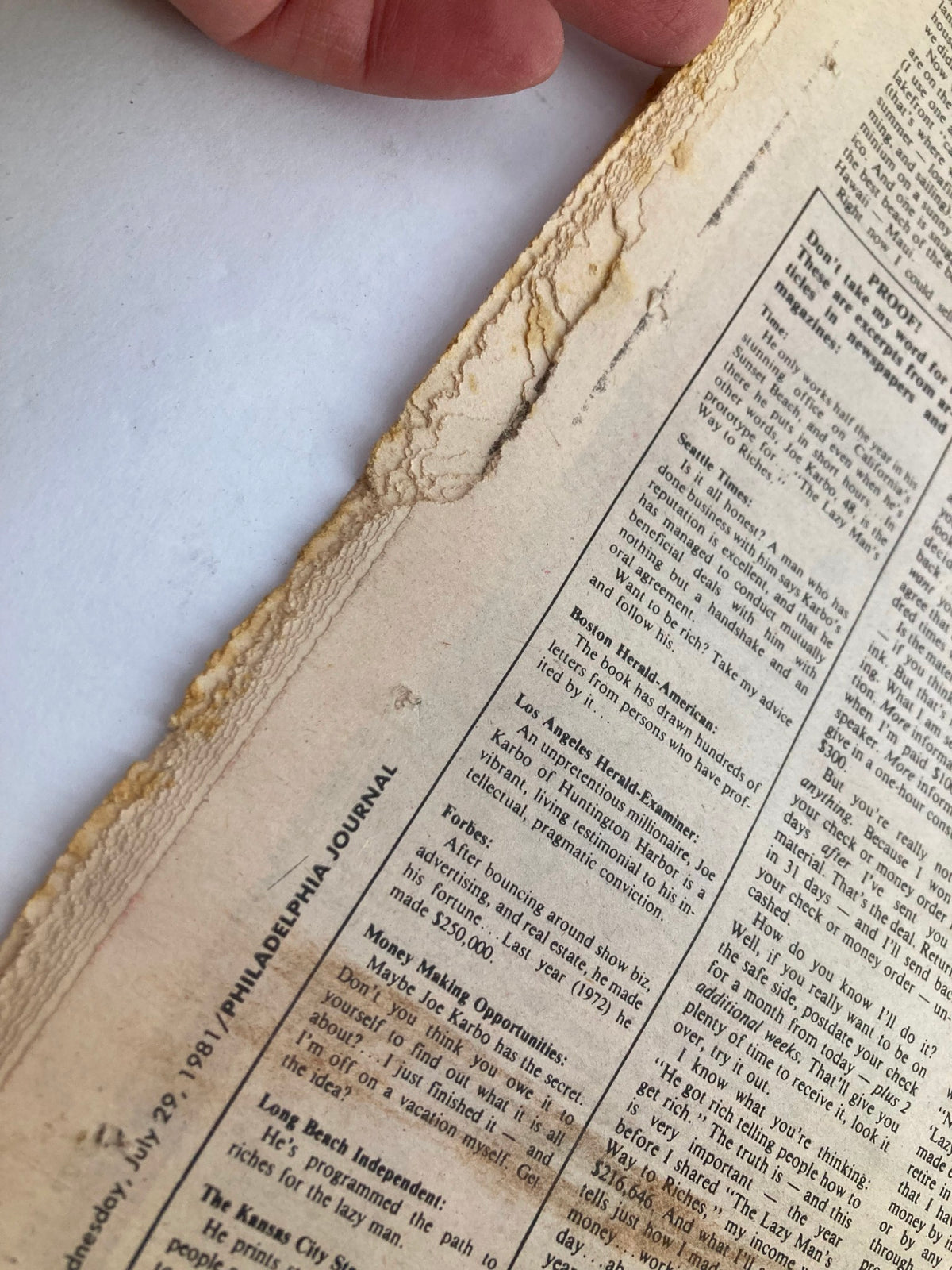 Side view of the Philadelphia Journal Tabloid from July 29, 1981, displaying its worn edges and historic newspaper texture.