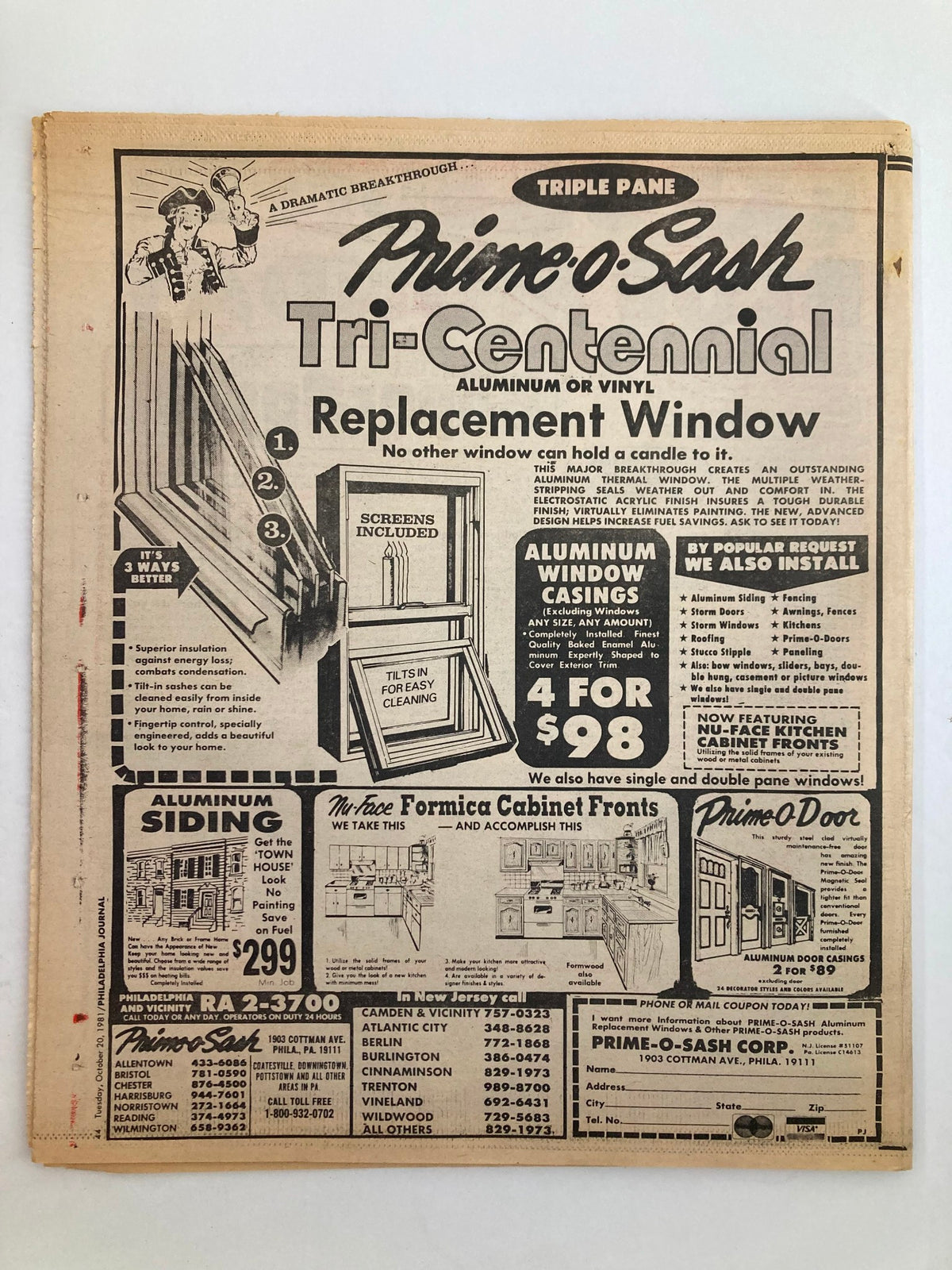 Back cover of the Philadelphia Journal Tabloid October 20 1981 featuring an advertisement for Prime-o-Sash replacement windows.