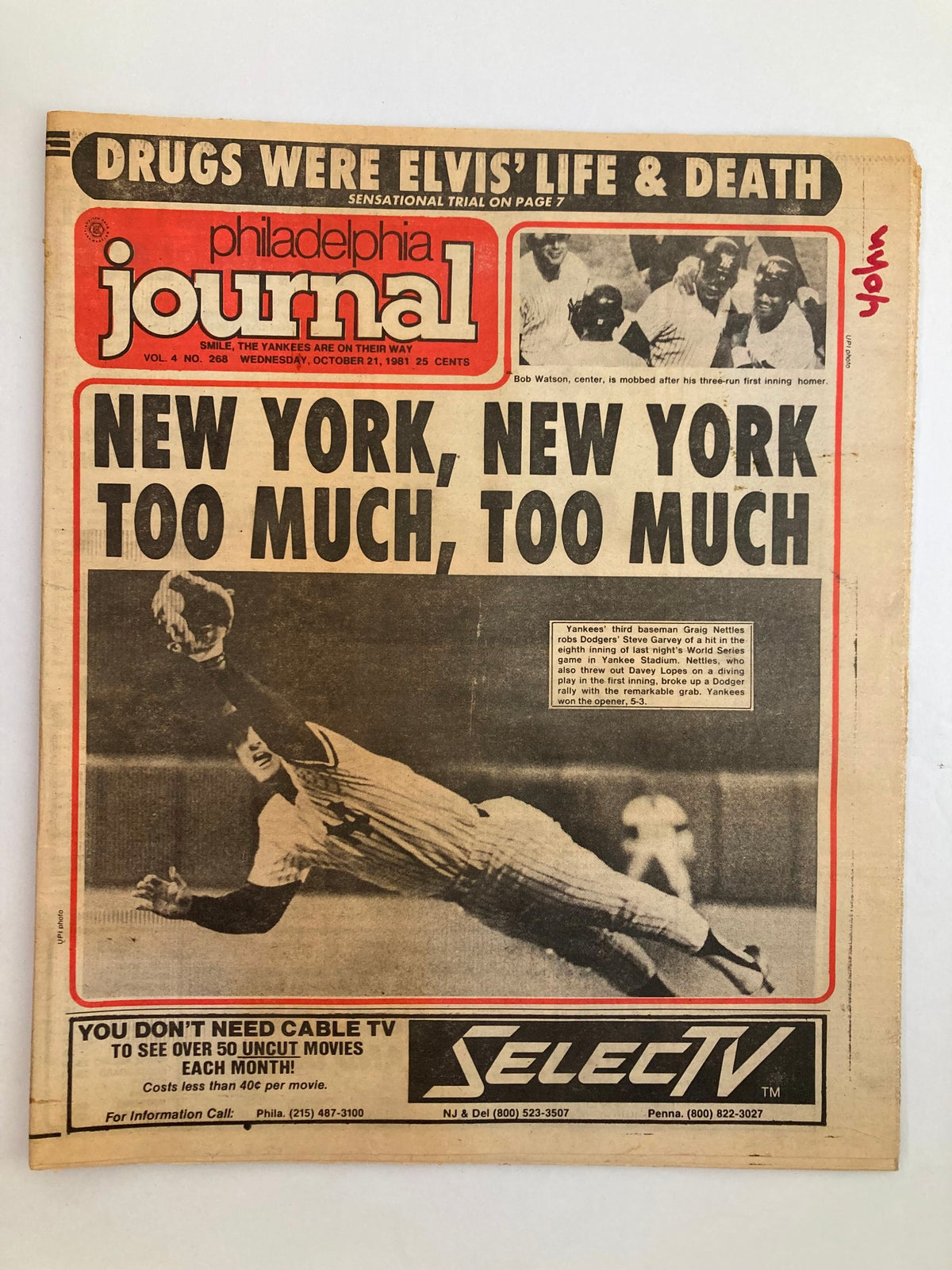 Philadelphia Journal Tabloid from October 21, 1981 featuring the headline 'NEW YORK, NEW YORK, TOO MUCH, TOO MUCH' with a photo of a baseball player diving. This captures a moment from MLB history focusing on the Yankees' Graig Nettles.