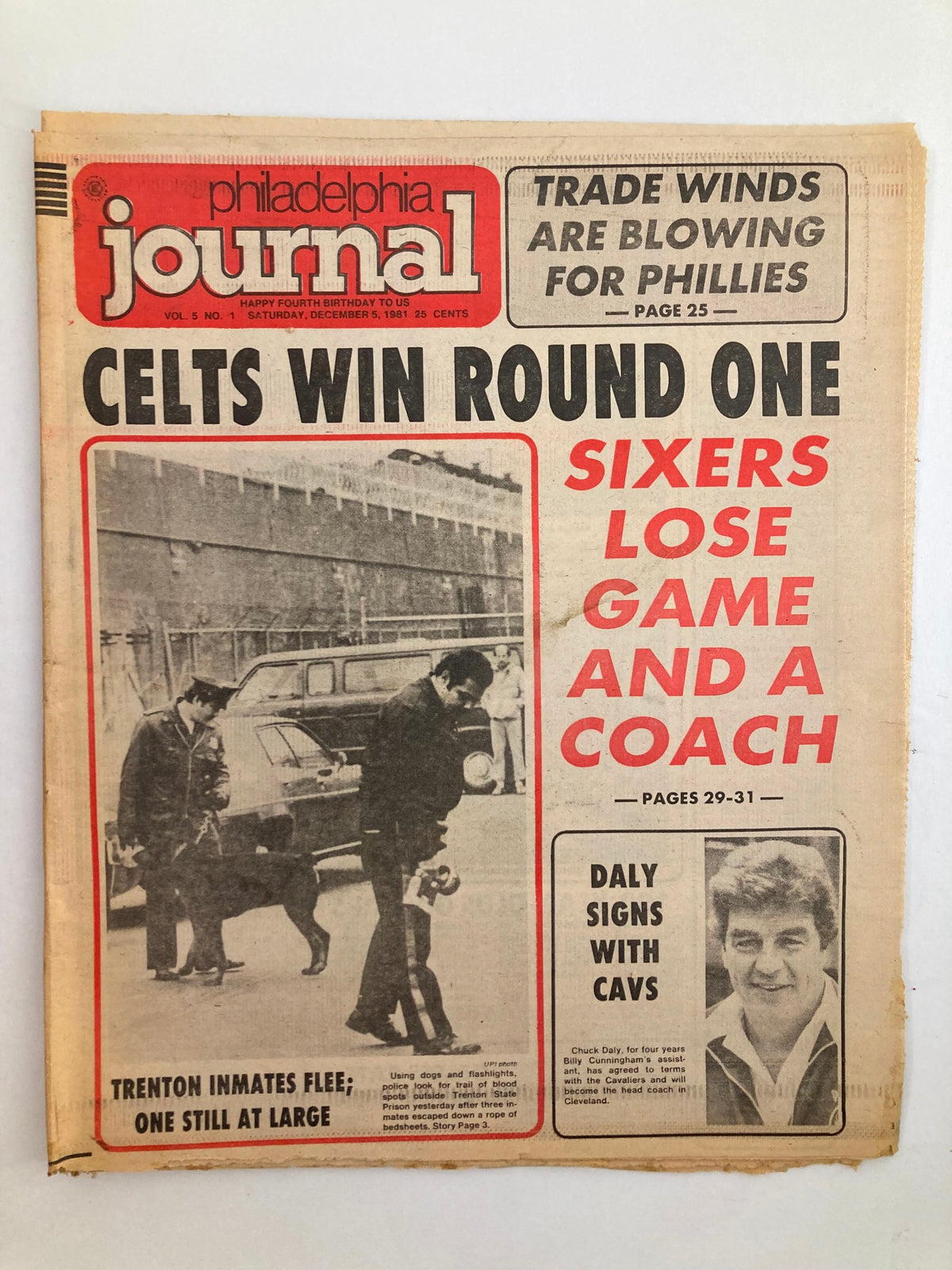 Philadelphia Journal Tabloid from December 5, 1981, Vol 5 #1 featuring the headline 'CELTS WIN ROUND ONE, SIXERS LOSE GAME AND A COACH' and news about Chuck Daly signing with the Cavs. Shows vintage newspaper design with images and articles.