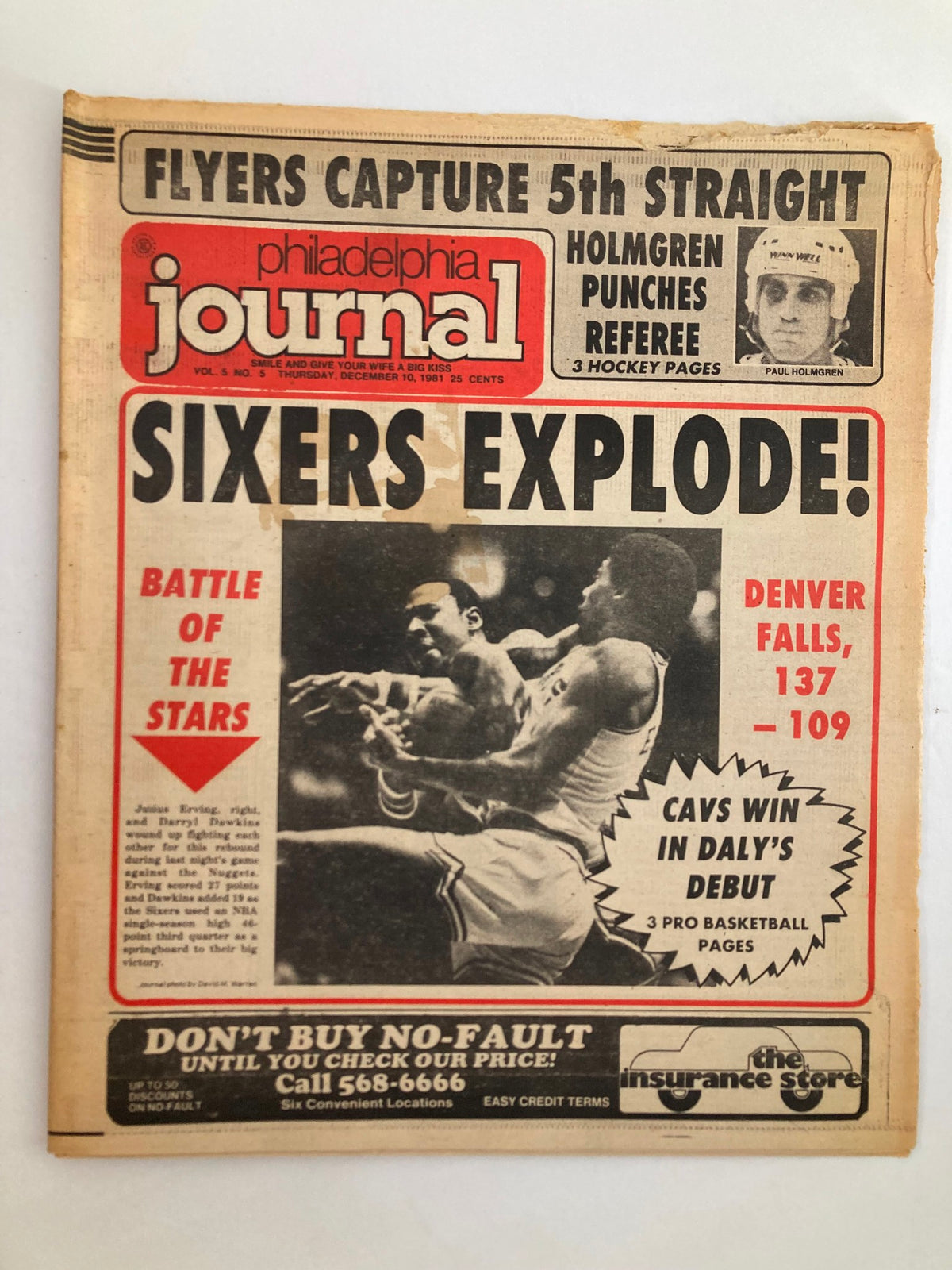 Front cover of Philadelphia Journal Tabloid December 10 1981 Vol 5 #5 featuring 'Sixers Explode!' headline, with an image of NBA player Julius Erving and details about the game scores.