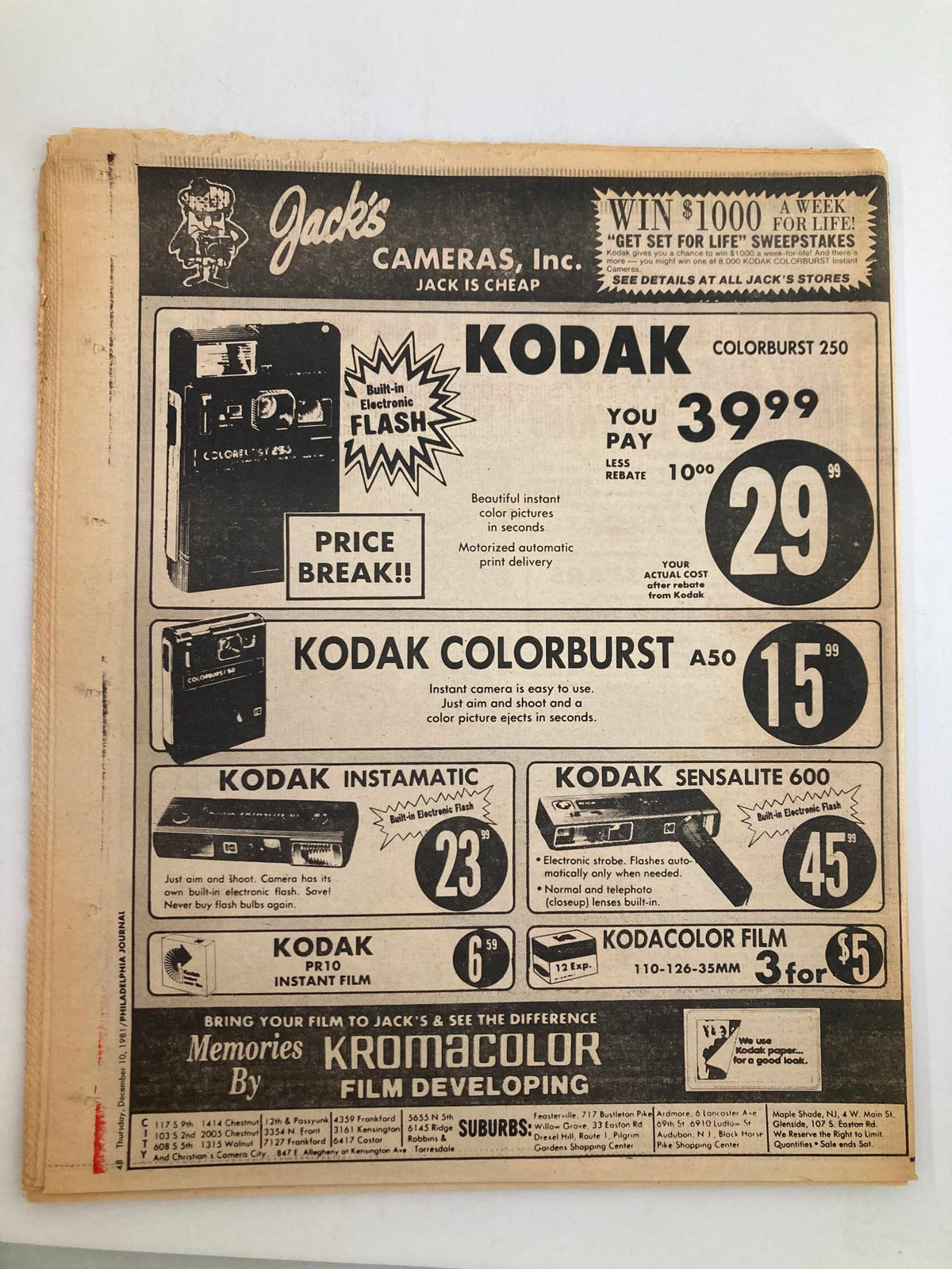 Advertisement page from Philadelphia Journal Tabloid December 10 1981 highlighting camera deals at Jack's Cameras, featuring Kodak products and pricing information.