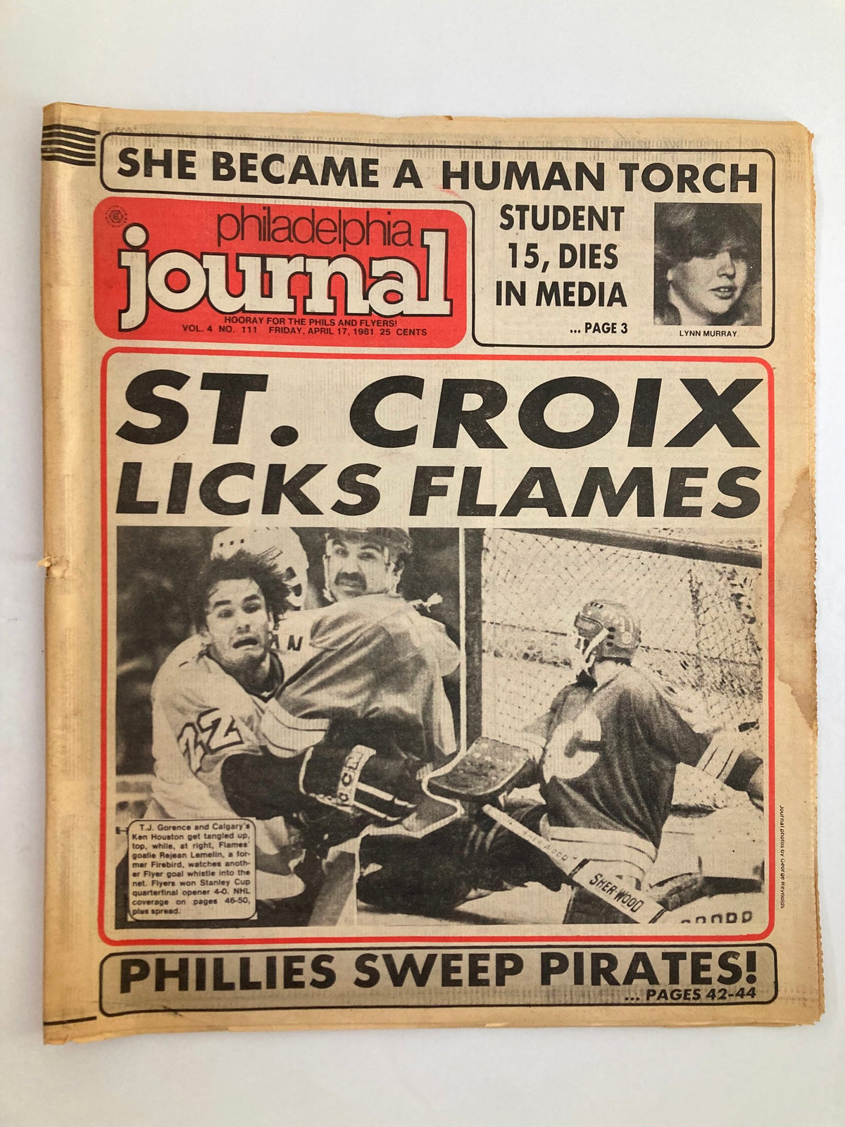 Philadelphia Journal Tabloid April 17, 1981, Vol 4 #111. Cover featuring headline 'St. Croix Licks Flames' with NHL player action shot.