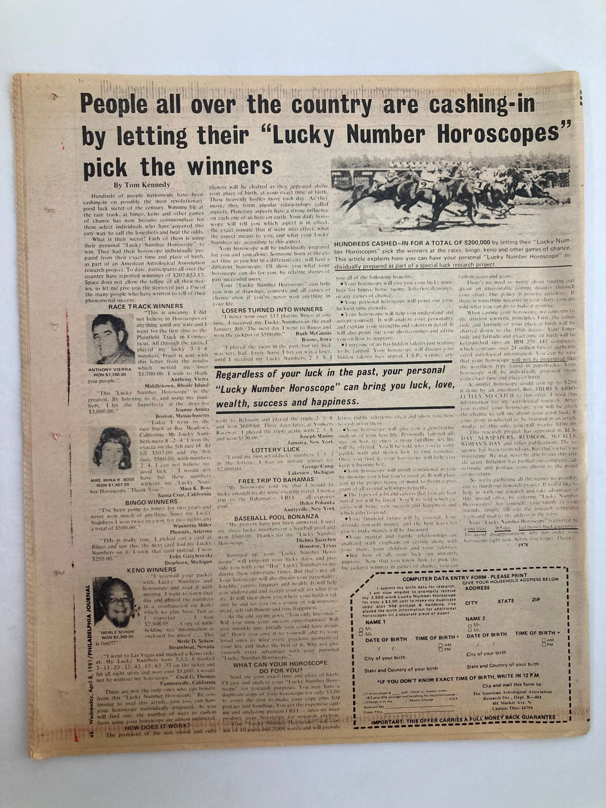 Back cover of the Philadelphia Journal Tabloid April 8 1981, Volume 4 #103, showcasing an advertisement related to lucky number horoscopes and other lottery promotions.