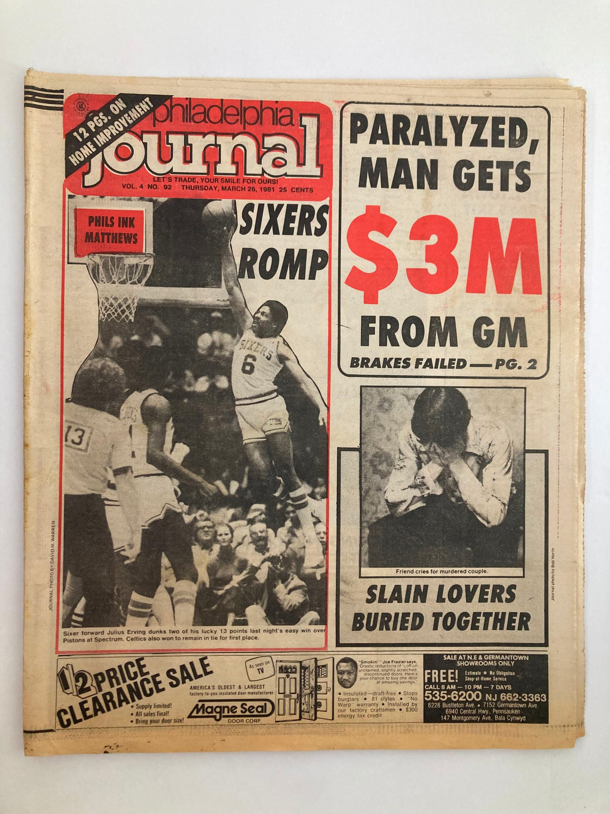 Philadelphia Journal Tabloid March 26, 1981, Vol 4 #92 cover featuring NBA Sixers player Julius Erving, highlighting a $3 million compensation news story. The image shows the front page with headlines about the Sixers’ victory and a tragic news story.