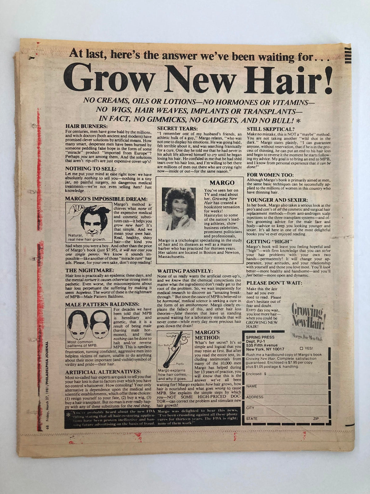 Back cover of the Philadelphia Journal Tabloid March 27 1981 Vol 4 #93, promoting hair growth solutions with the tagline 'Grow New Hair!', highlighting various options and claims.