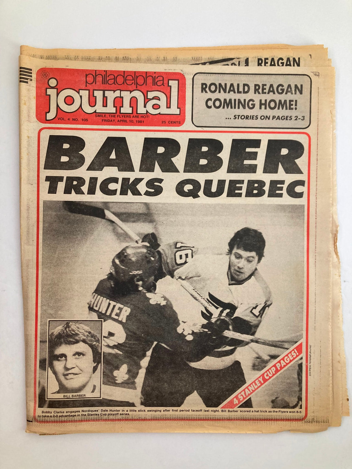 Philadelphia Journal Tabloid April 10 1981 Vol 4 #105 featuring Bill Barber, depicting a thrilling moment from an NHL game against Quebec.