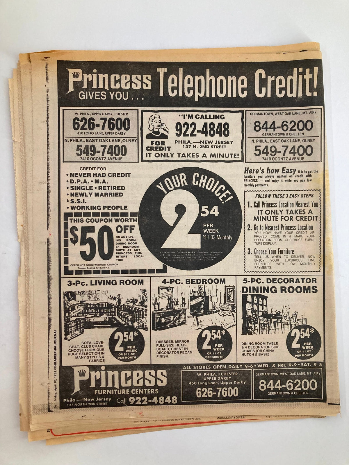 Philadelphia Journal Tabloid April 10 1981 Vol 4 #105 ad from Princess Furniture Centers, showcasing special offers including a $50 discount on various home furniture items.