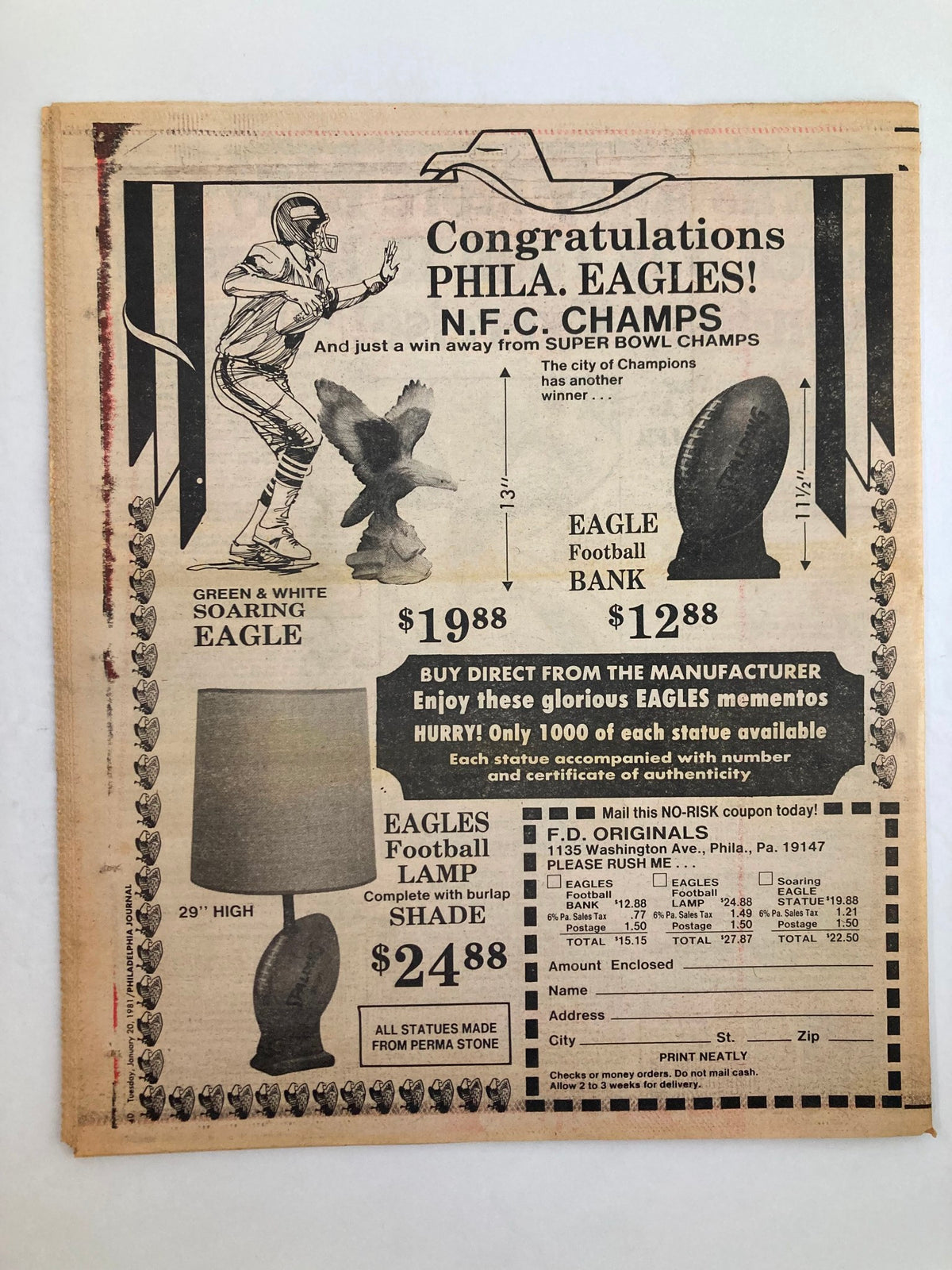Philadelphia Journal Tabloid January 20 1981 Vol 4 #37 NFL Eagles John Bunting, featuring an advertisement celebrating the Philadelphia Eagles N.F.C. Championship, with details on Eagle Football Bank and Eagles Football Lamp.