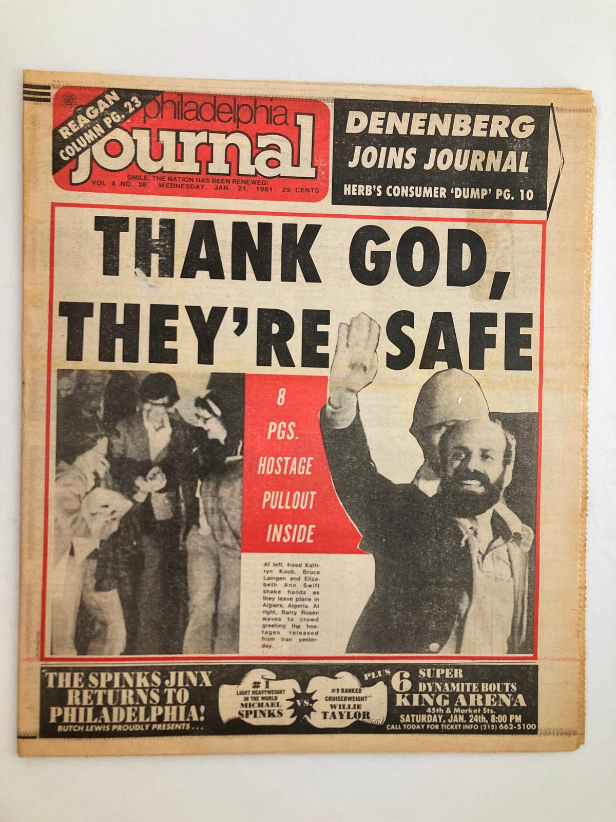 Philadelphia Journal Tabloid January 21 1981 Vol 4 #38 featuring the headline 'THANK GOD, THEY'RE SAFE' along with a photo of excited people celebrating the news, highlighting significant events from the era.