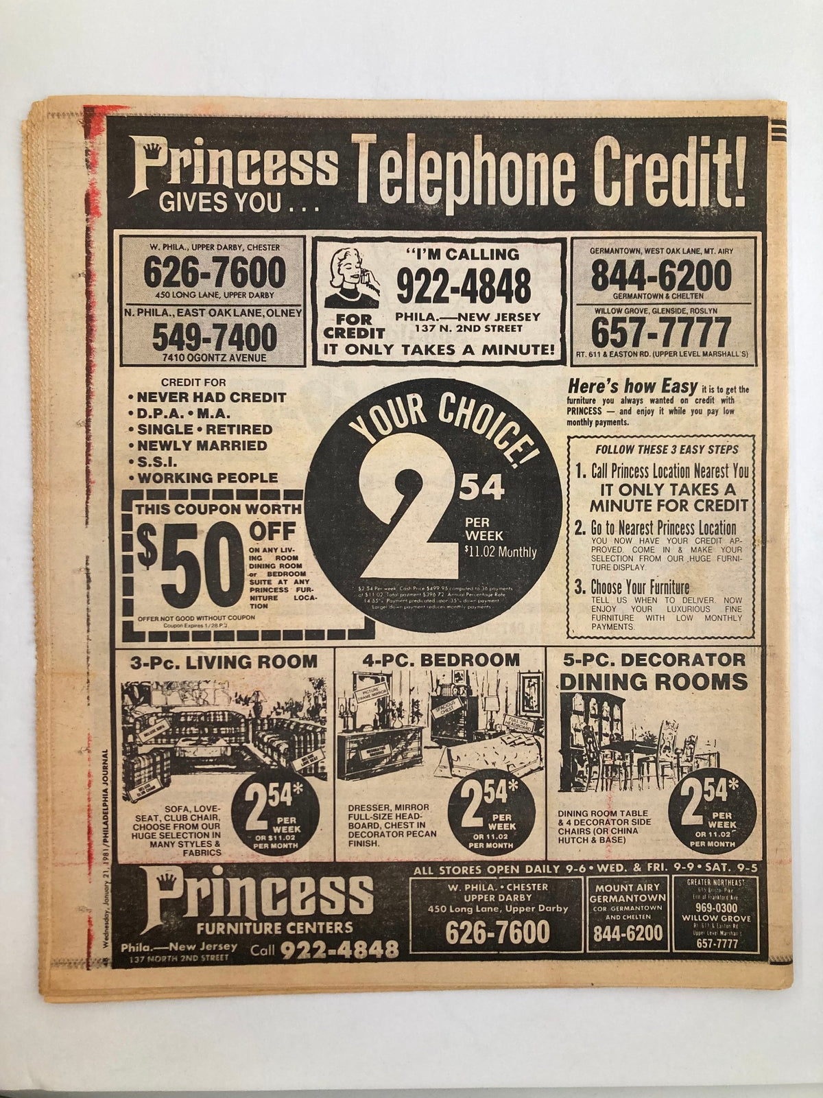 Philadelphia Journal Tabloid January 21 1981 Vol 4 #38 showcasing an advertisement for Princess Telephone Credit with various furniture options and promotional offers, reflecting consumer interests of the time.