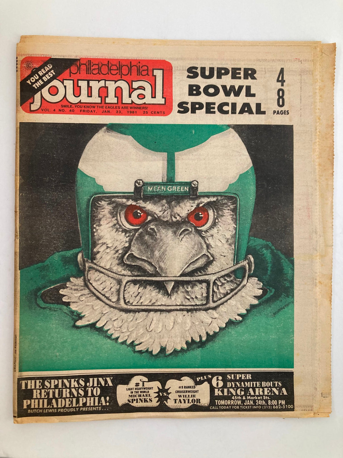 Cover of Philadelphia Journal Tabloid, January 23, 1981, Volume 4, Issue #40, titled 'The Spinks Jinx Returns', featuring an illustration of an eagle in sports gear.