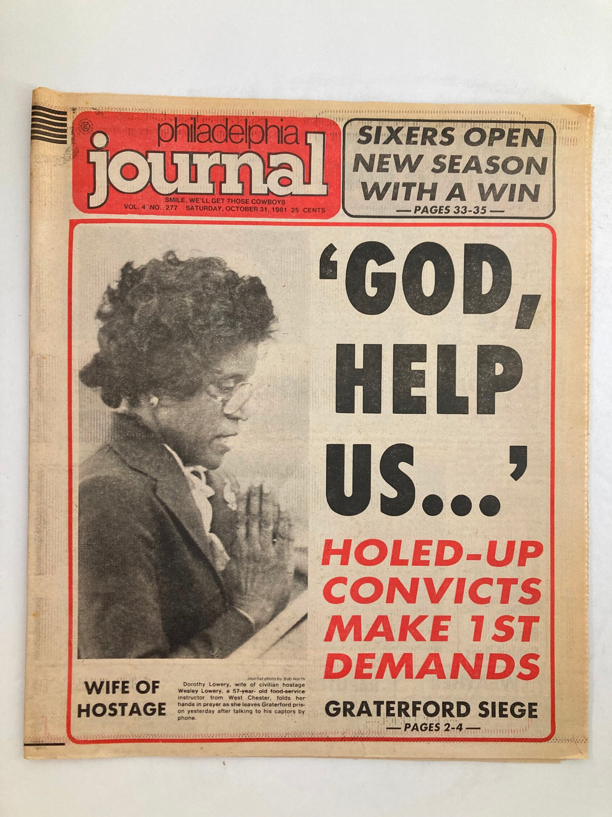 Philadelphia Journal Tabloid from October 31, 1981, featuring headlines about the NBA Sixers season win and social issues. The cover shows a woman praying with the text 'GOD, HELP US...' and articles about the Graterford Siege.