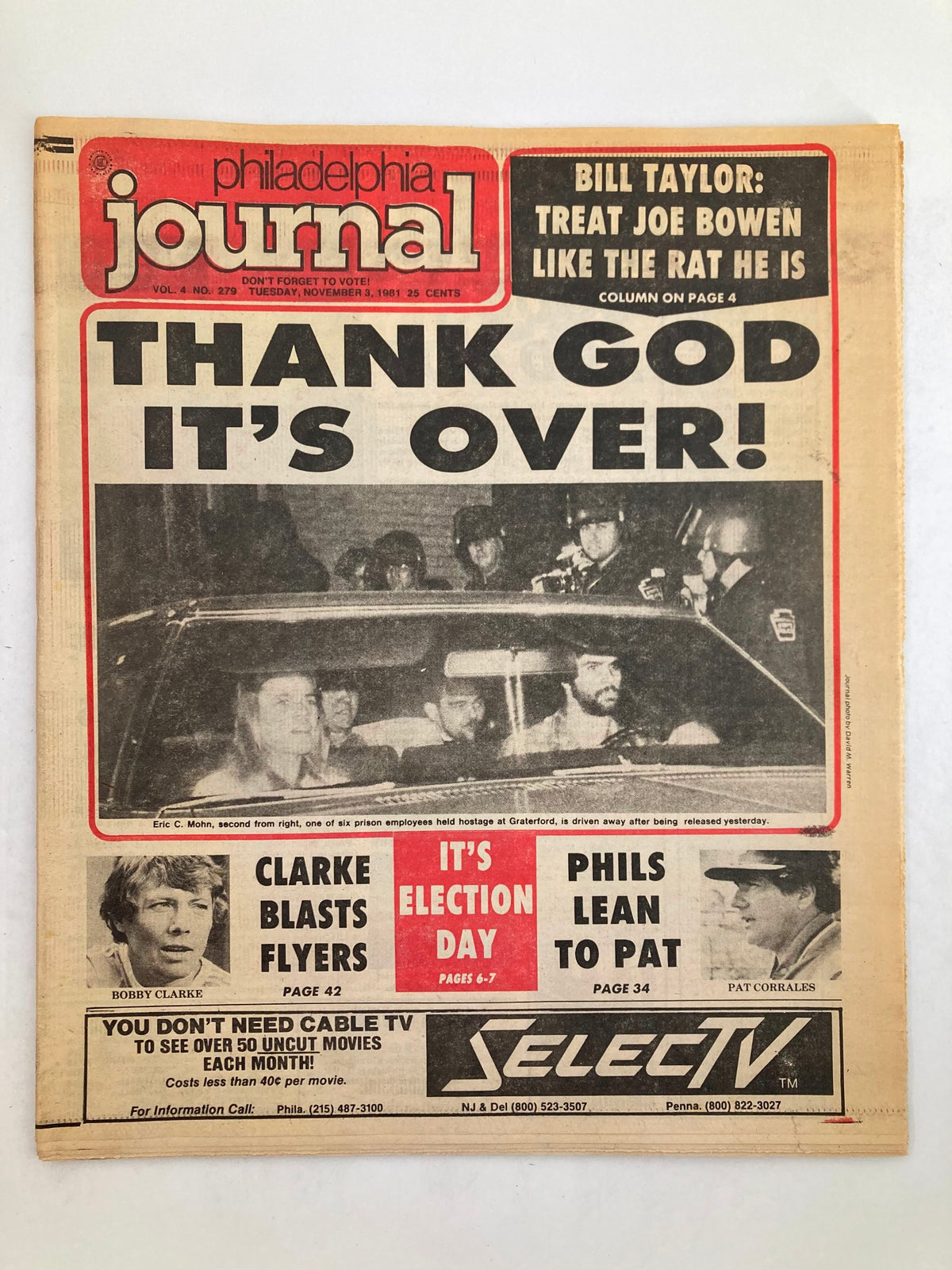 Philadelphia Journal Tabloid November 3 1981 Vol 4 #279 featuring a headline 'THANK GOD IT'S OVER!' with an image of a crowd and individuals celebrating. The tabloid covers news topics including NHL Flyers Bobby Clarke and Election Day.
