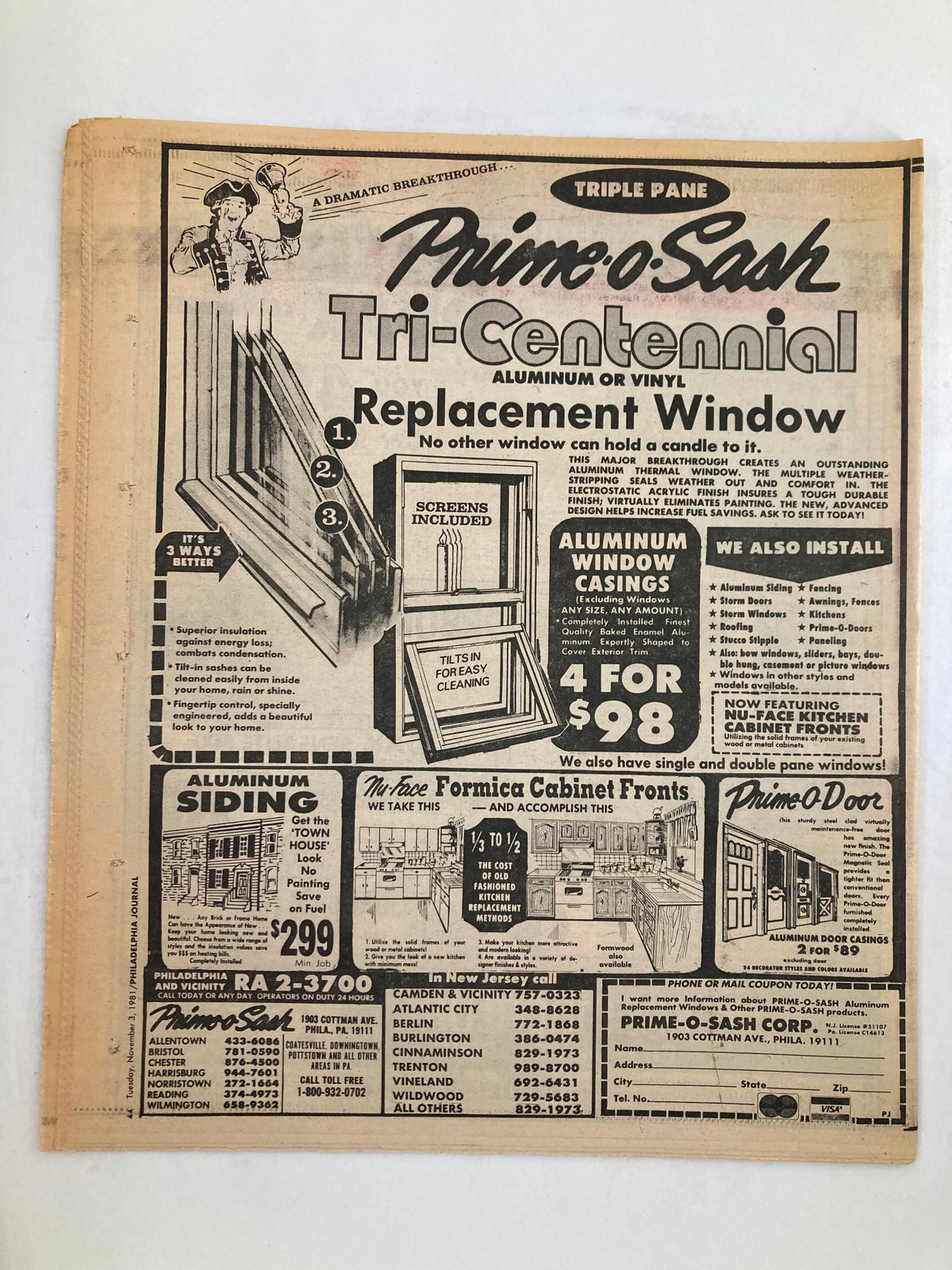 Philadelphia Journal Tabloid November 3 1981 Vol 4 #279 showcasing an advertisement for Prime-O-Sash windows. This page focuses on home improvement products and services, providing pricing and description details.