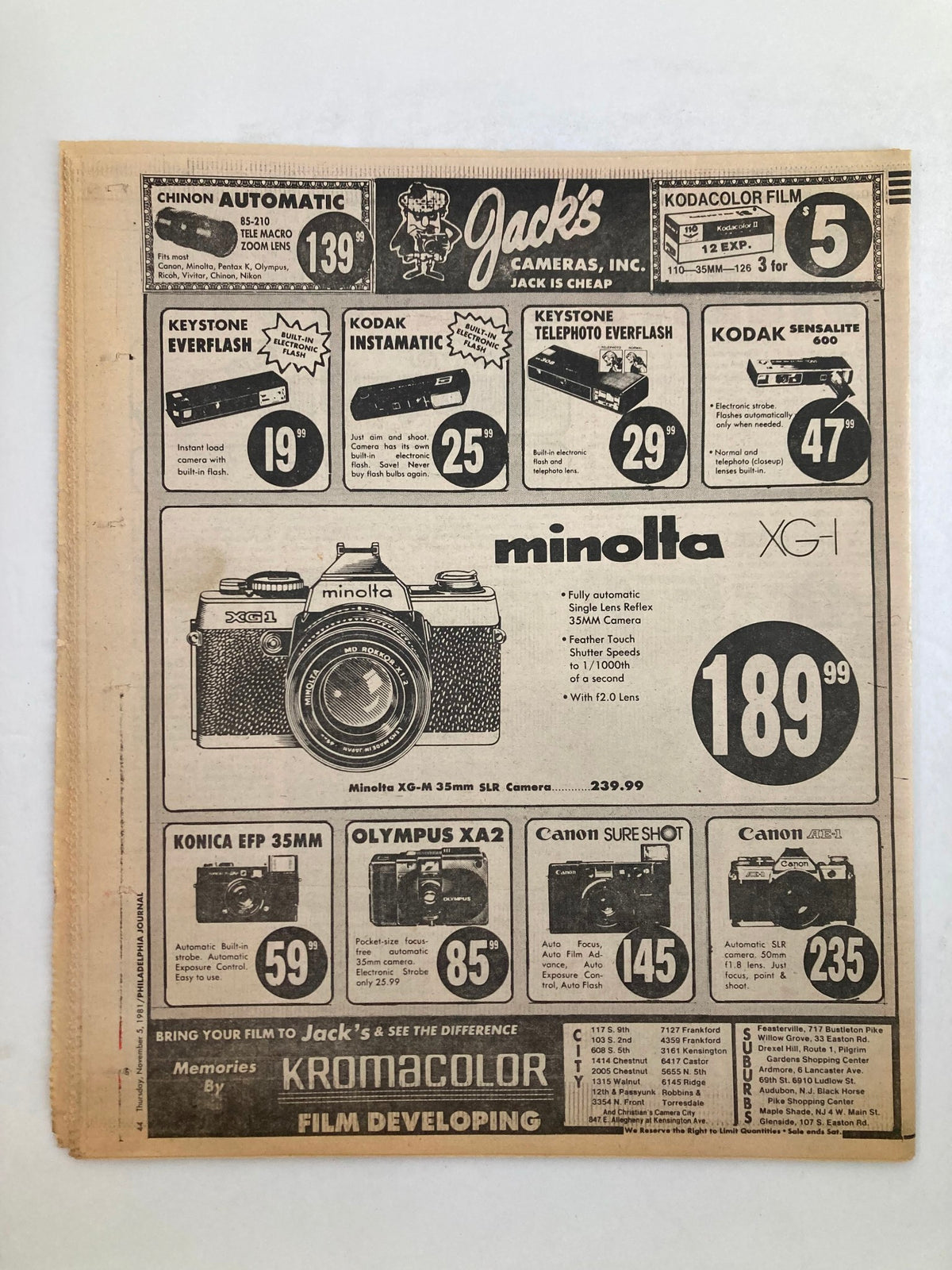 Advertisement page from the Philadelphia Journal, featuring camera deals from Jack's Cameras including Minolta XG-M 35mm SLR for $189.99, dated November 5, 1981.