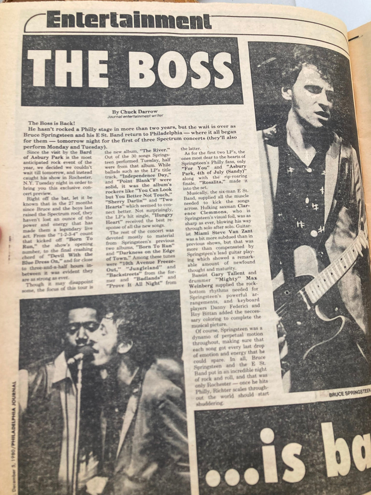 Philadelphia Journal Tabloid December 5 1980 Vol 3 #305 article titled 'THE BOSS' discussing Bruce Springsteen's performance and success.
