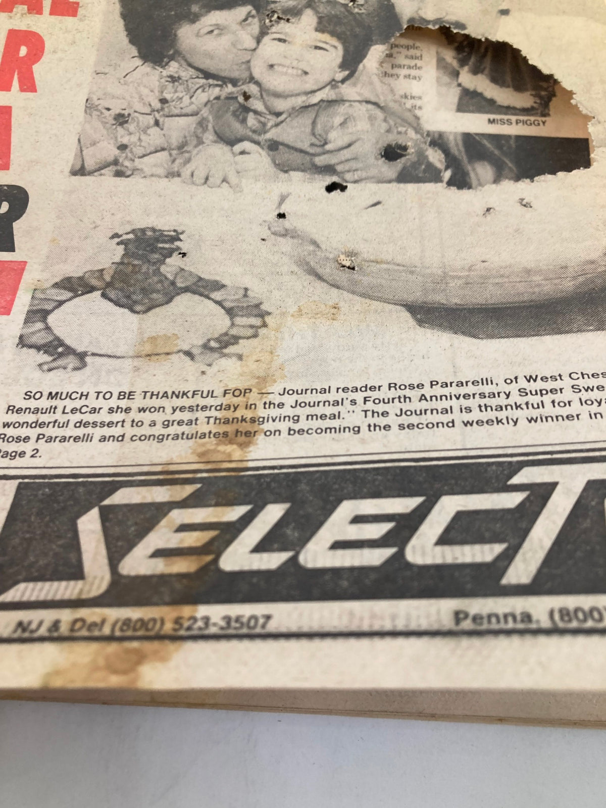Close-up of the Philadelphia Journal Tabloid from November 27, 1981, emphasizing the Thanksgiving feature, contest details, and visual of a child with family, highlighting the holiday spirit.