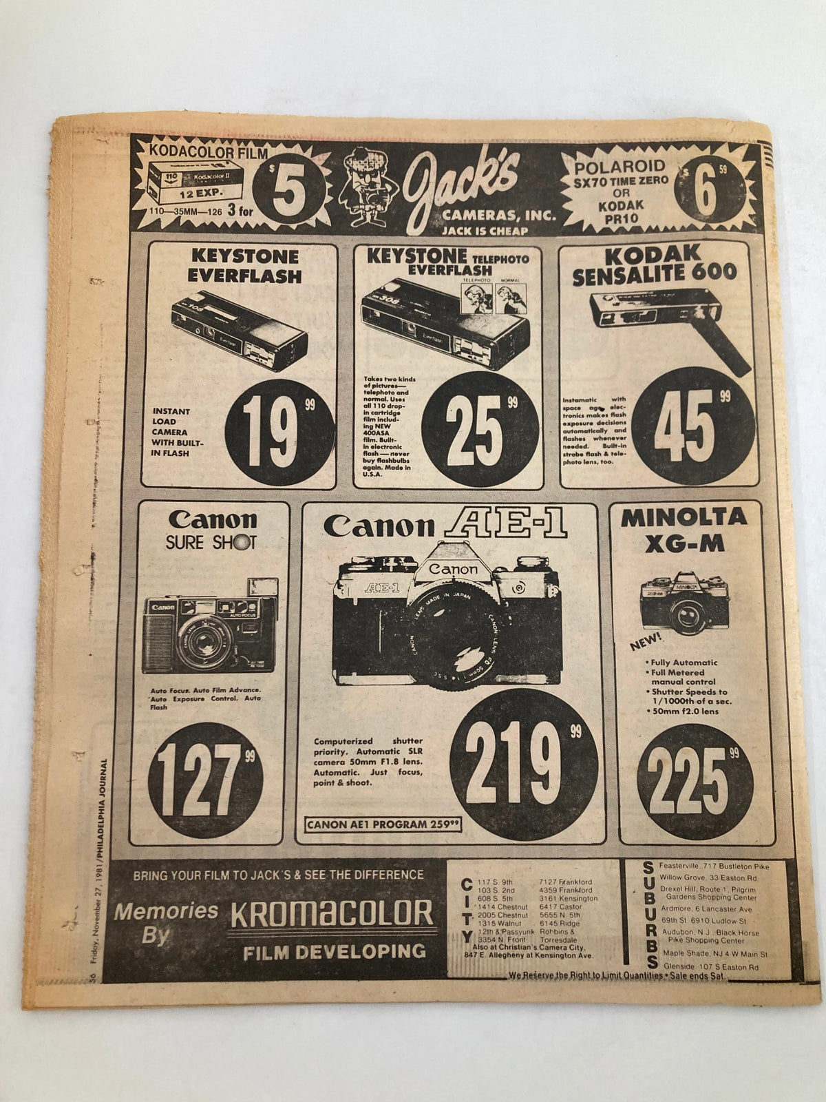 Vintage advertisement page from the Philadelphia Journal Tabloid dated November 27, 1981, featuring camera products available at Jack's Cameras with detailed pricing for Keystone and Canon models.