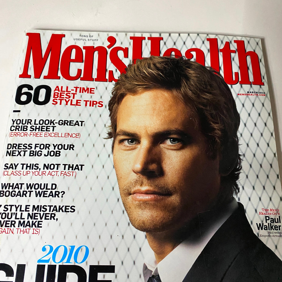 Cover of Men's Health Magazine March 2010 featuring Paul Walker, emphasizing health and wellness tips.