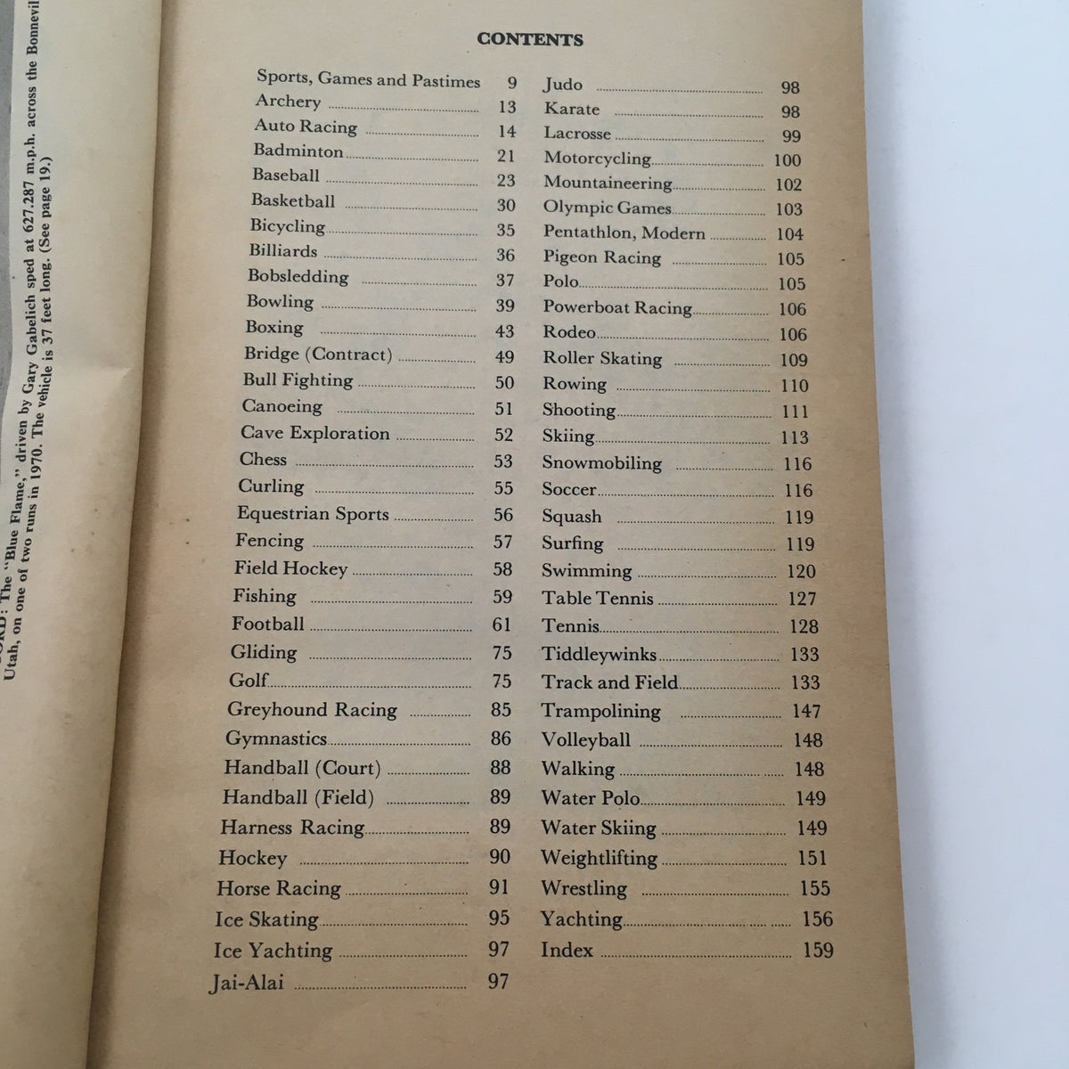 Table of contents from the Guinness Sports Record Book 1972, outlining various sports categories by Norris and Ross McWhirter.